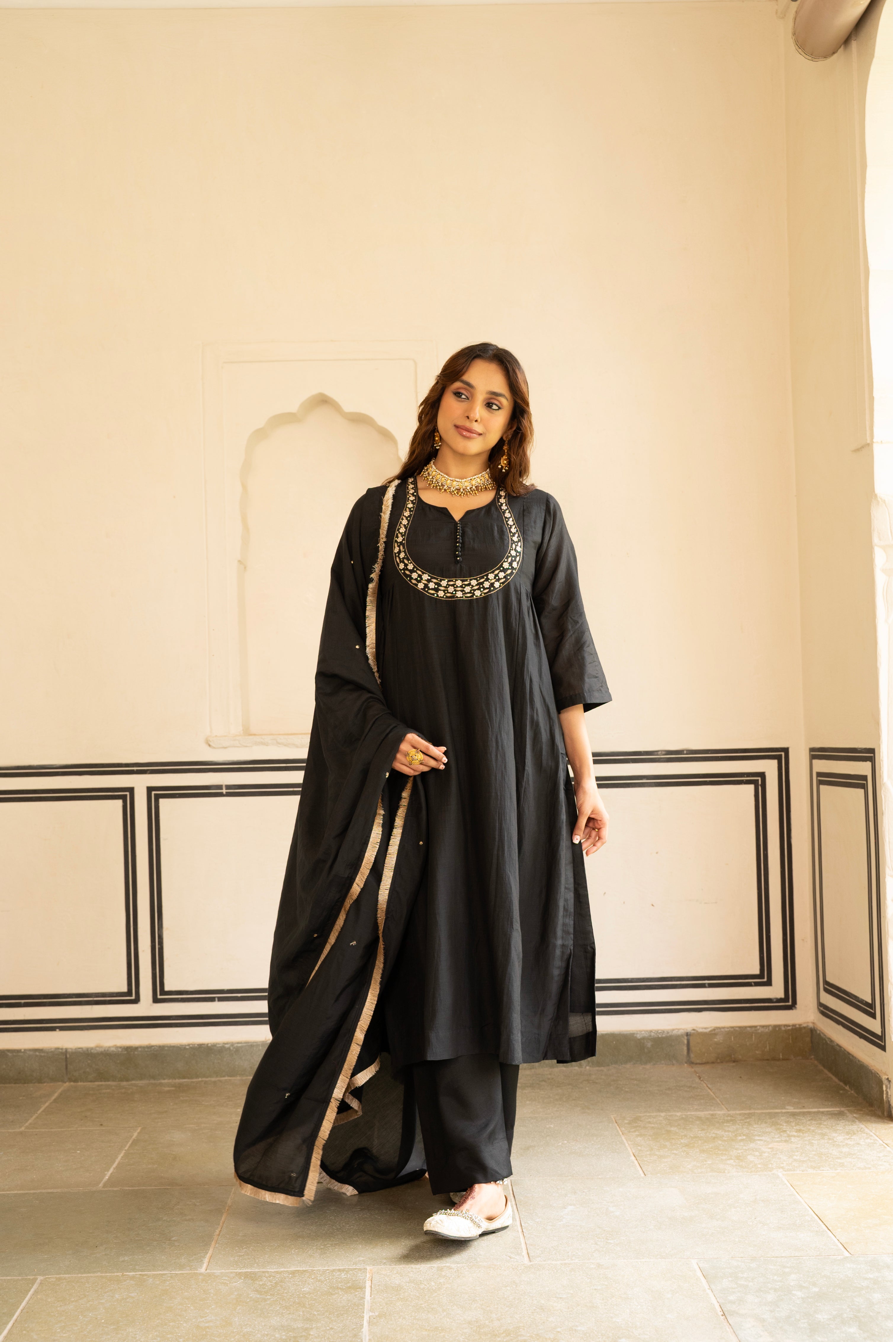 Coal Black Embellished Mul Chenderi Pant Set