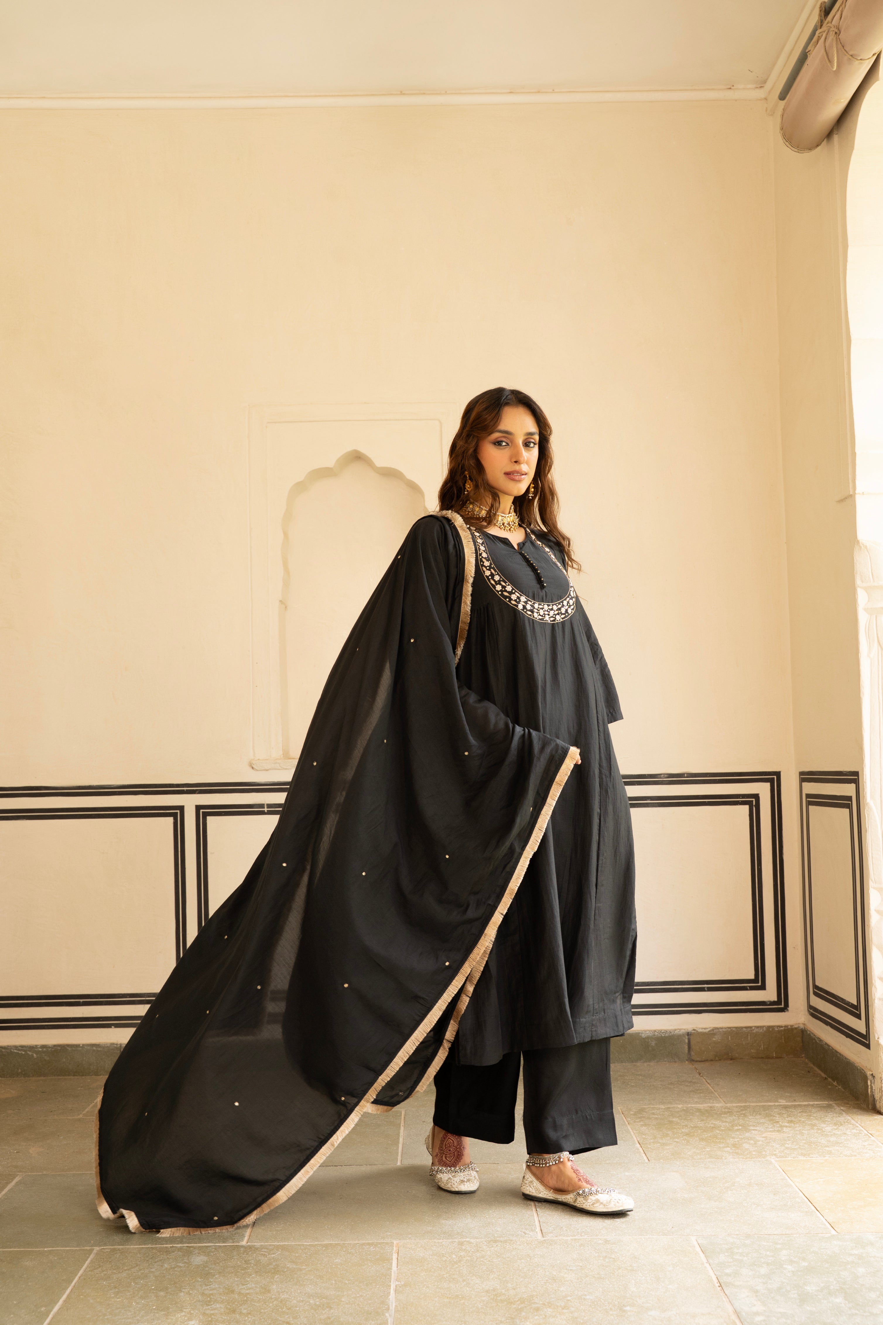 Coal Black Embellished Mul Chenderi Pant Set