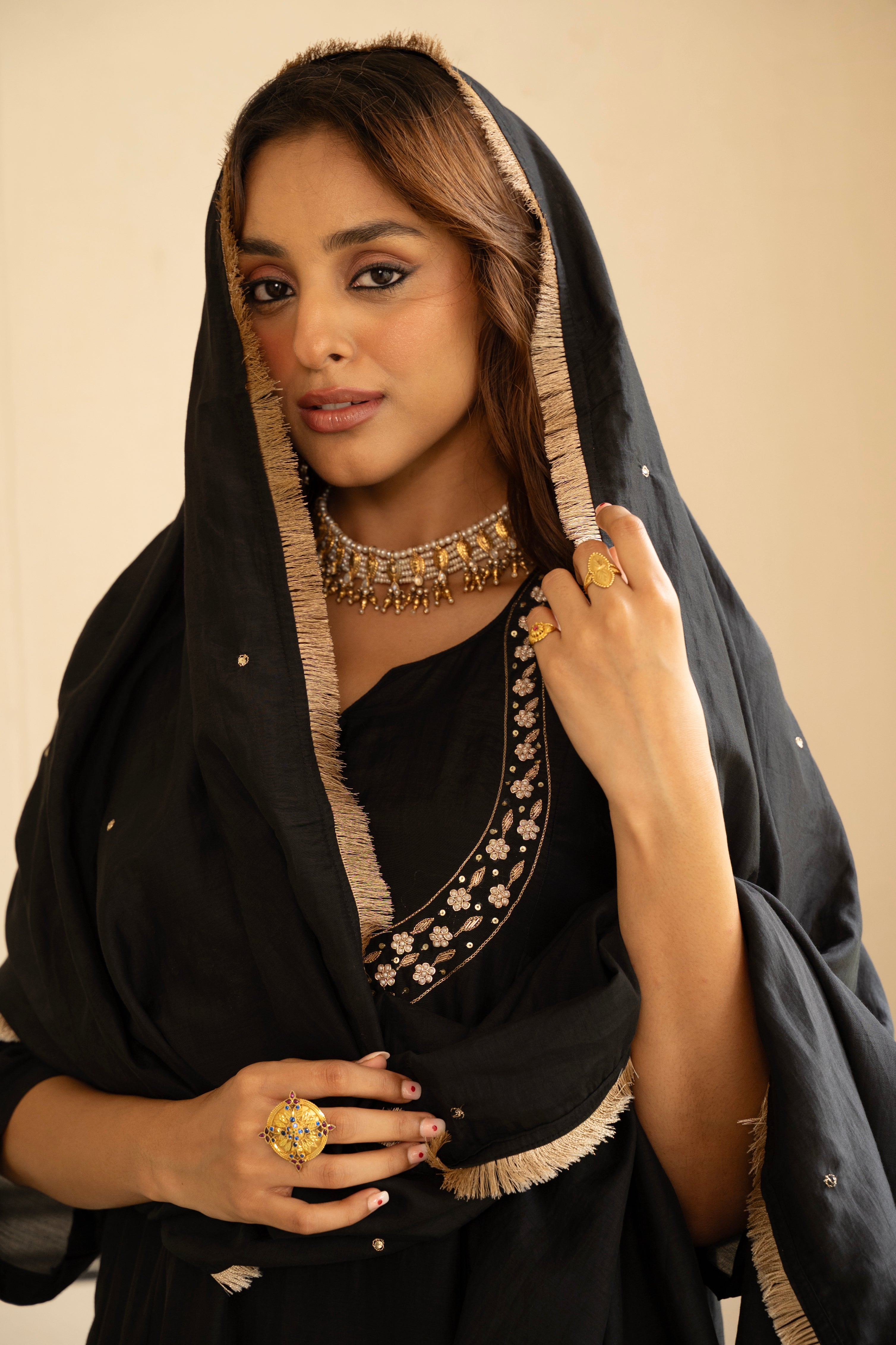 Coal Black Embellished Mul Chenderi Pant Set