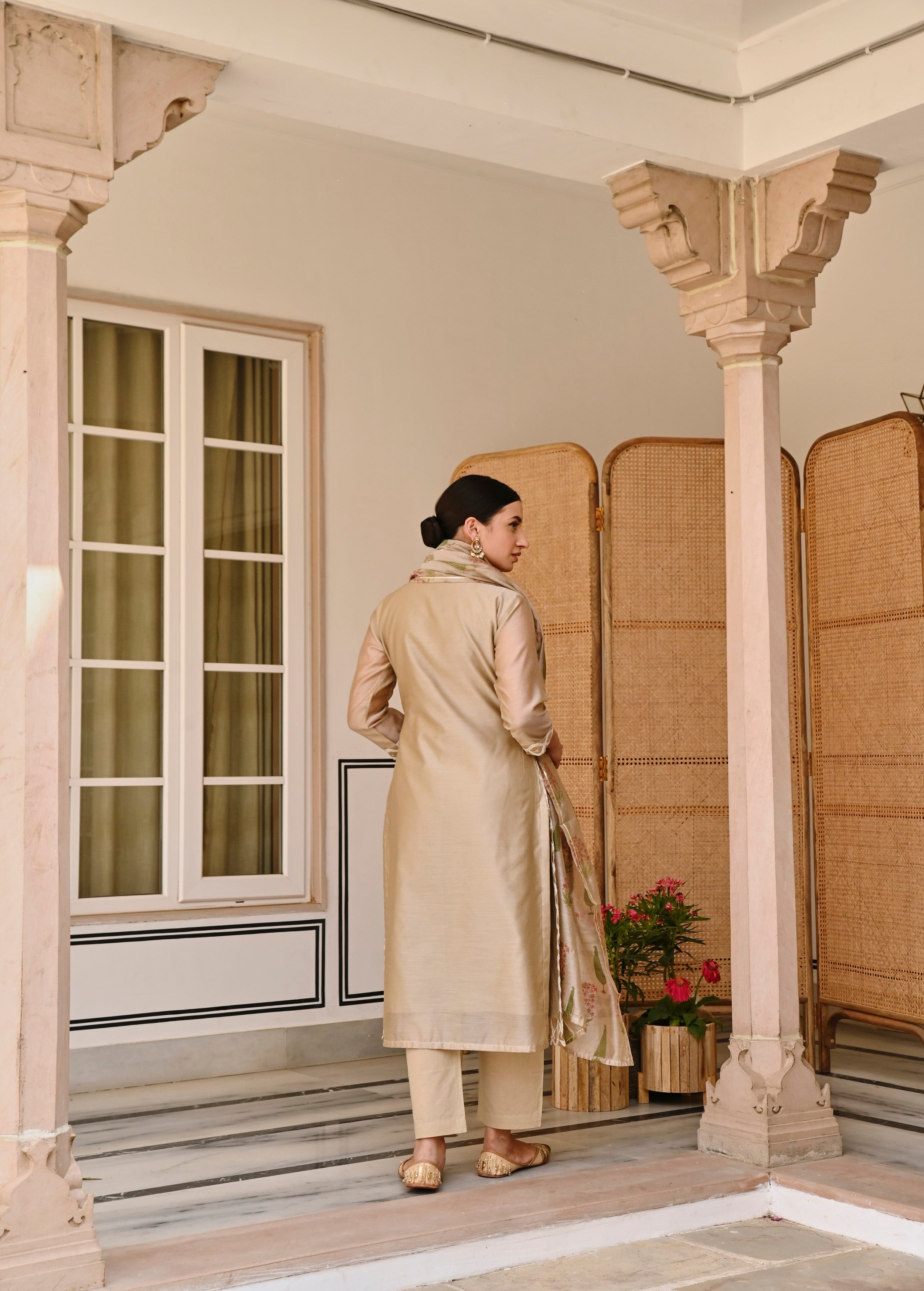 Beige Embroidered Chanderi Silk Pant Set