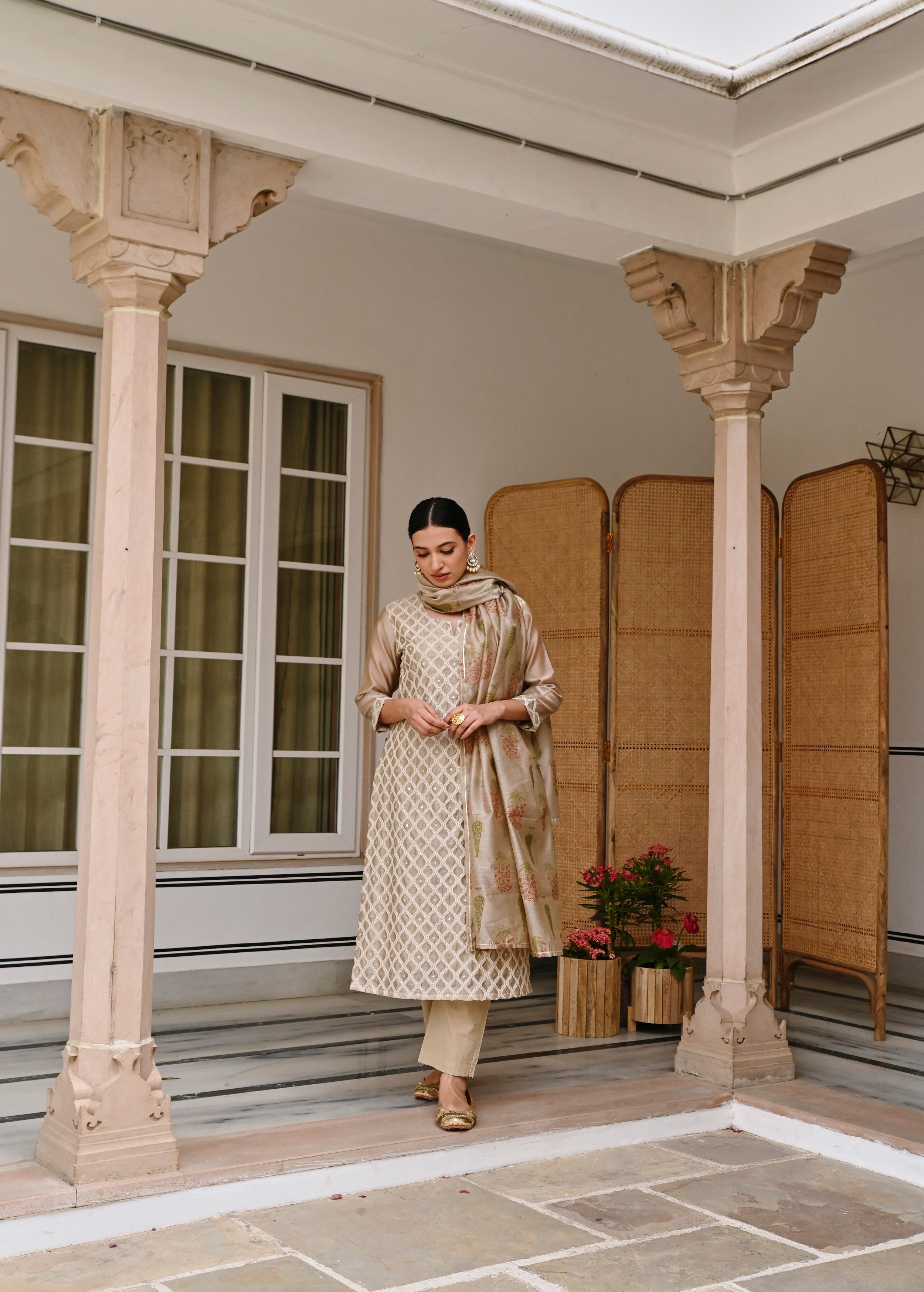 Beige Embroidered Chanderi Silk Pant Set