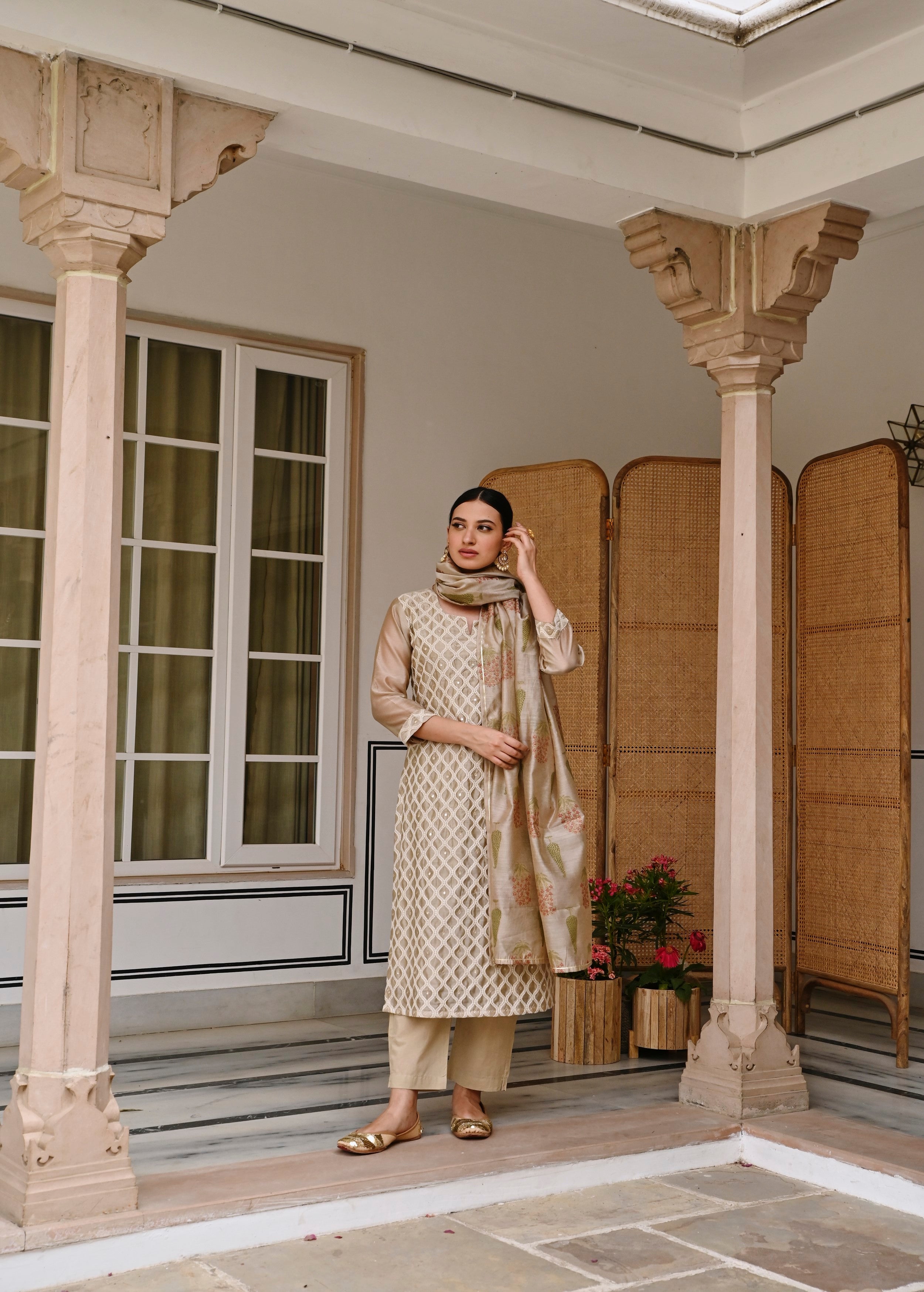 Beige Embroidered Chanderi Silk Pant Set