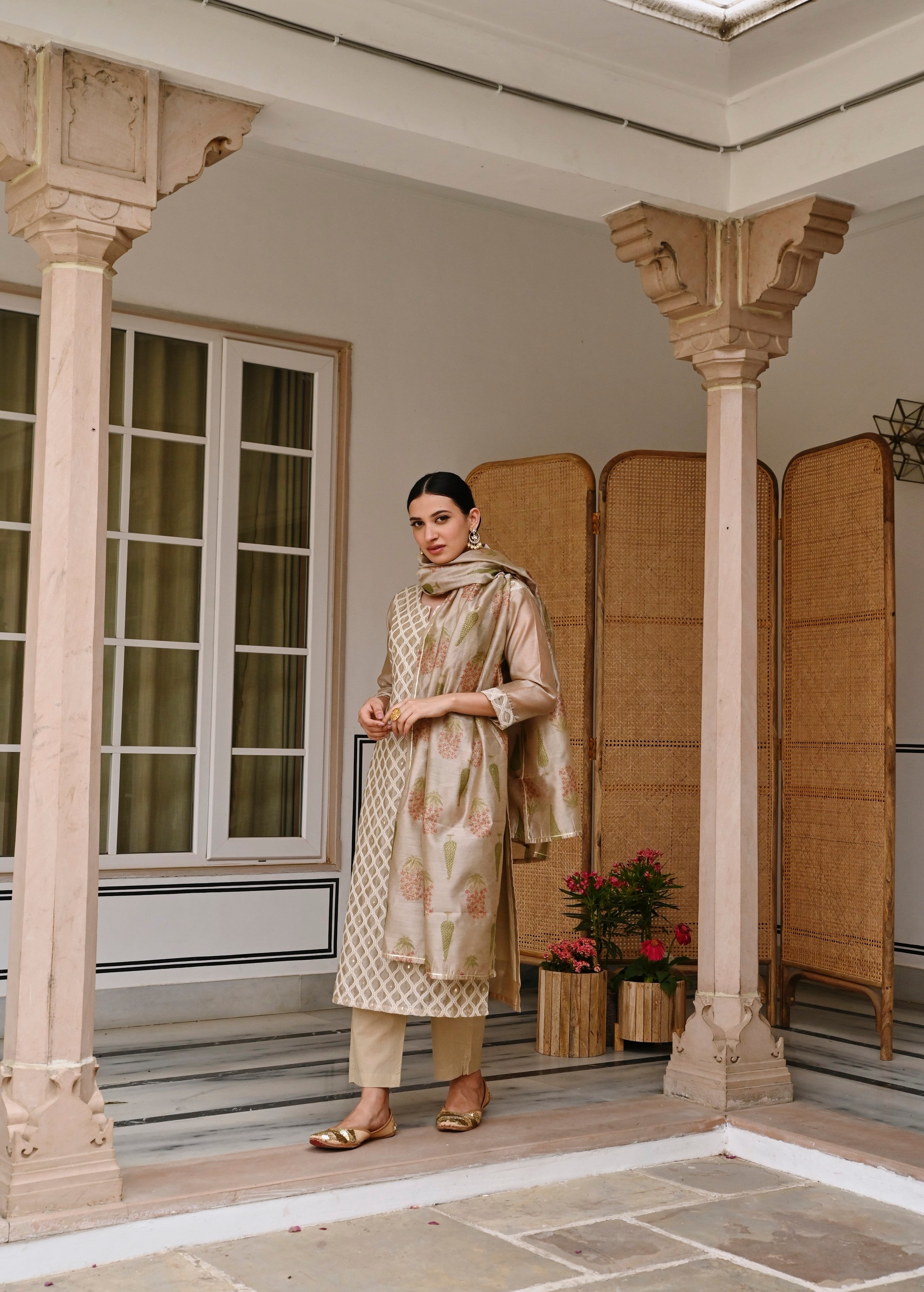 Beige Embroidered Chanderi Silk Pant Set