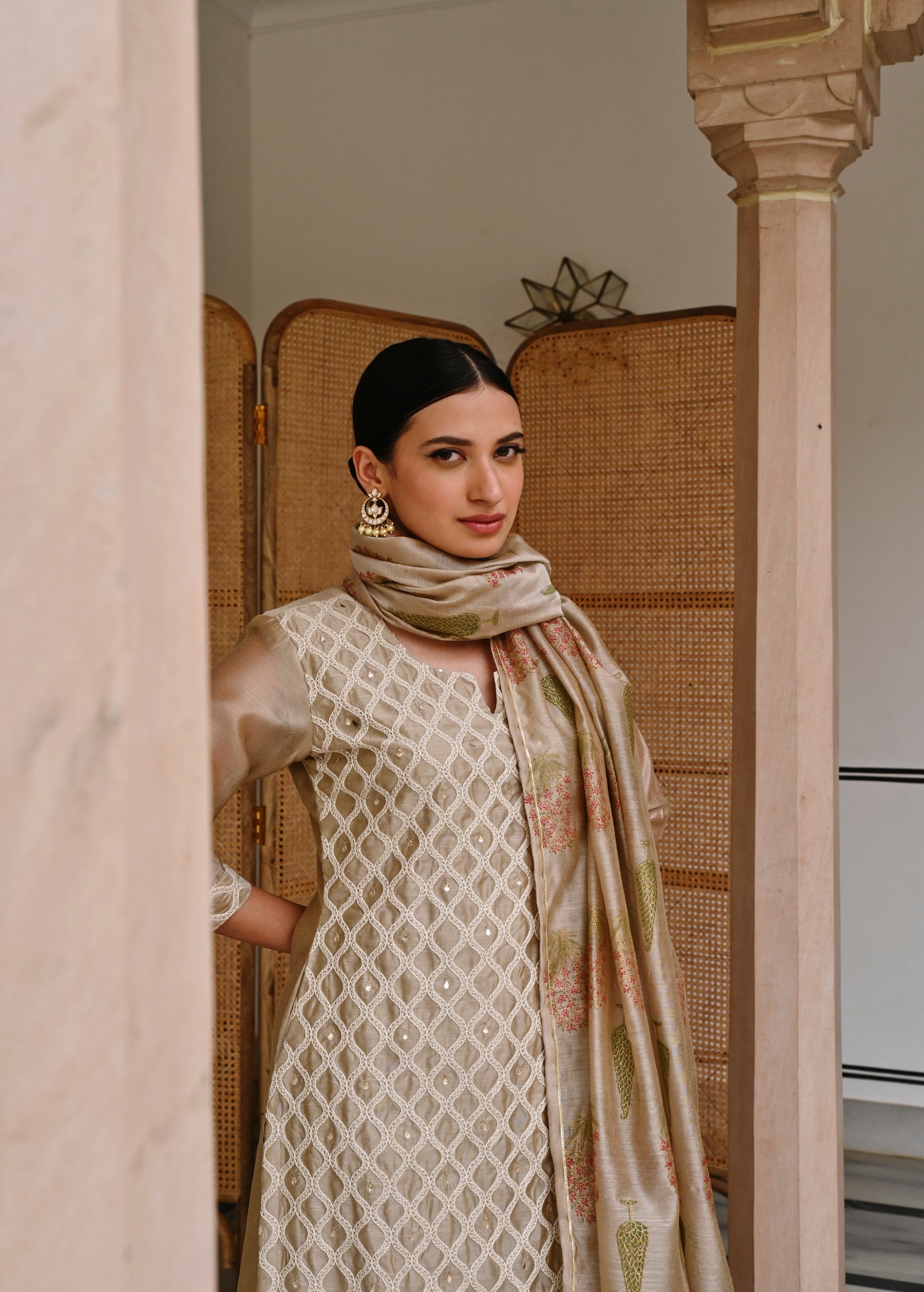 Beige Embroidered Chanderi Silk Pant Set