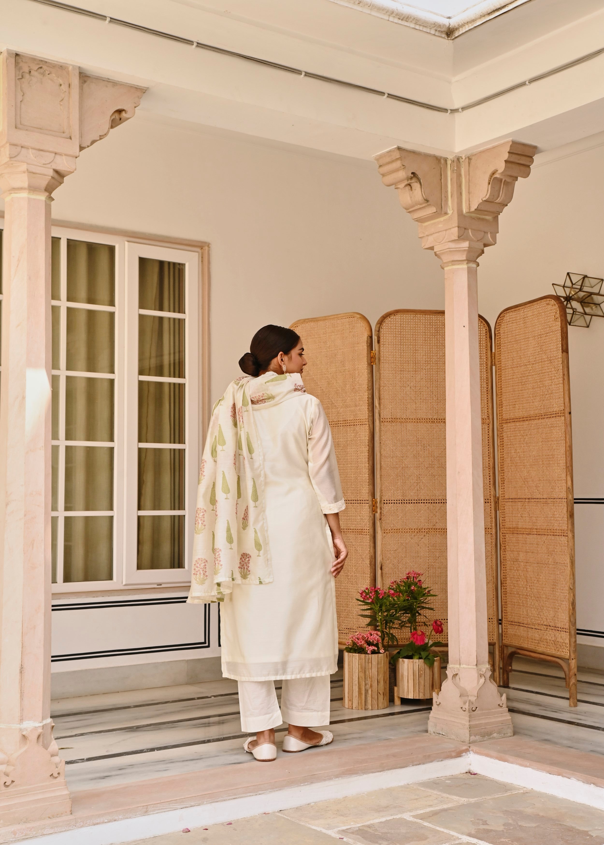 Off-White Embroidered Chanderi Silk Pant Set