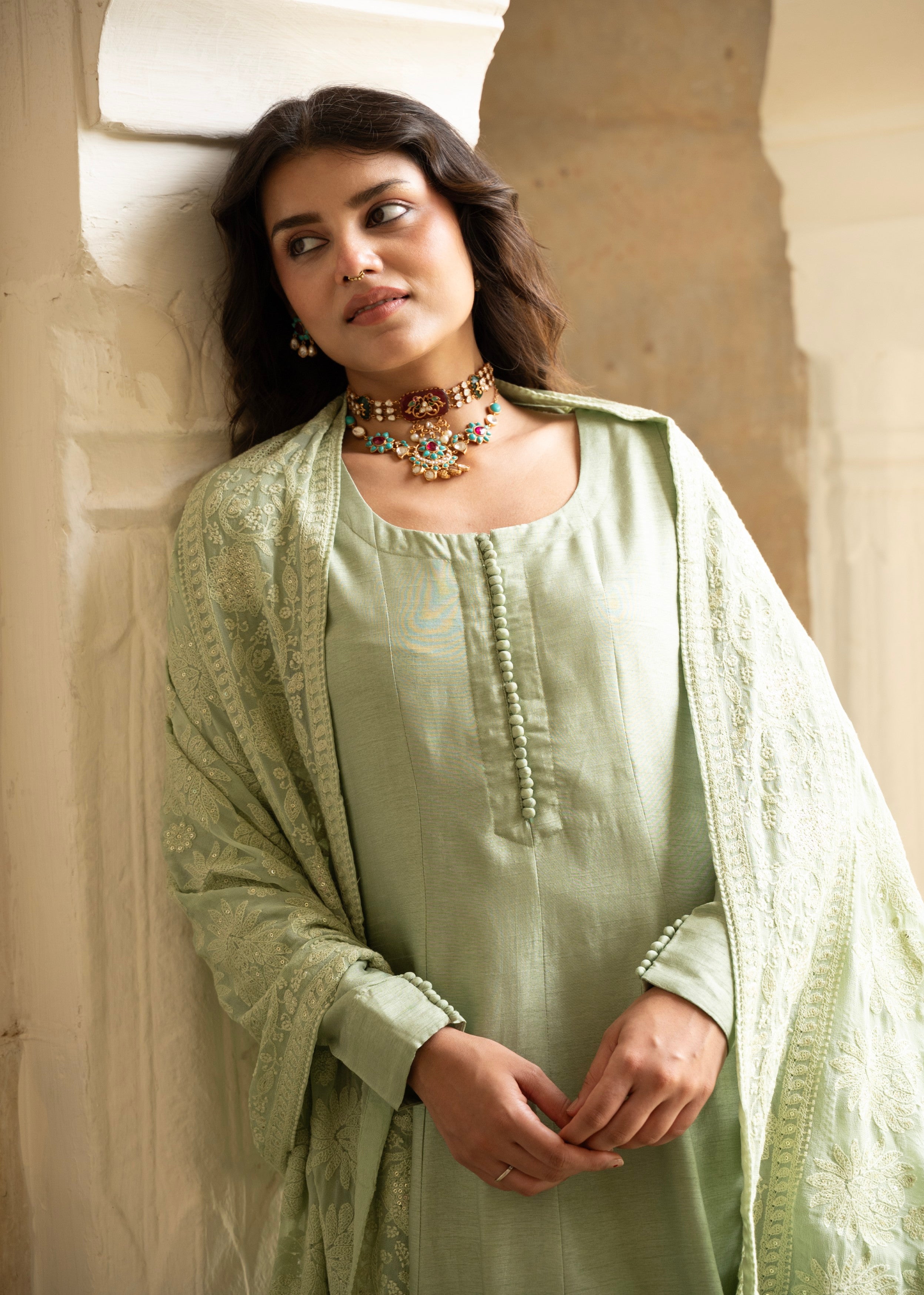 Sage Green Chikankari Dola Silk Anarkali Set