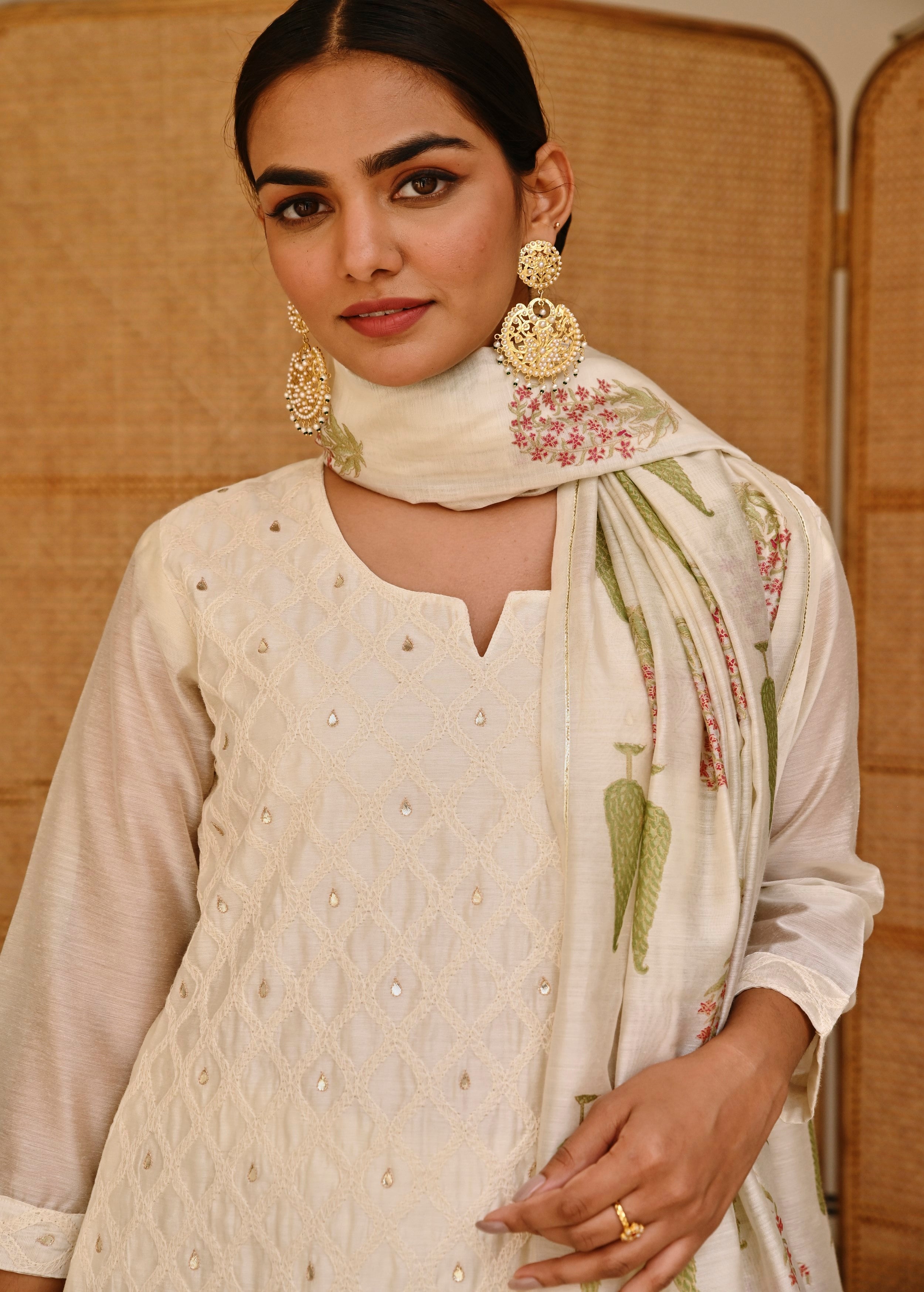 Off-White Embroidered Chanderi Silk Pant Set