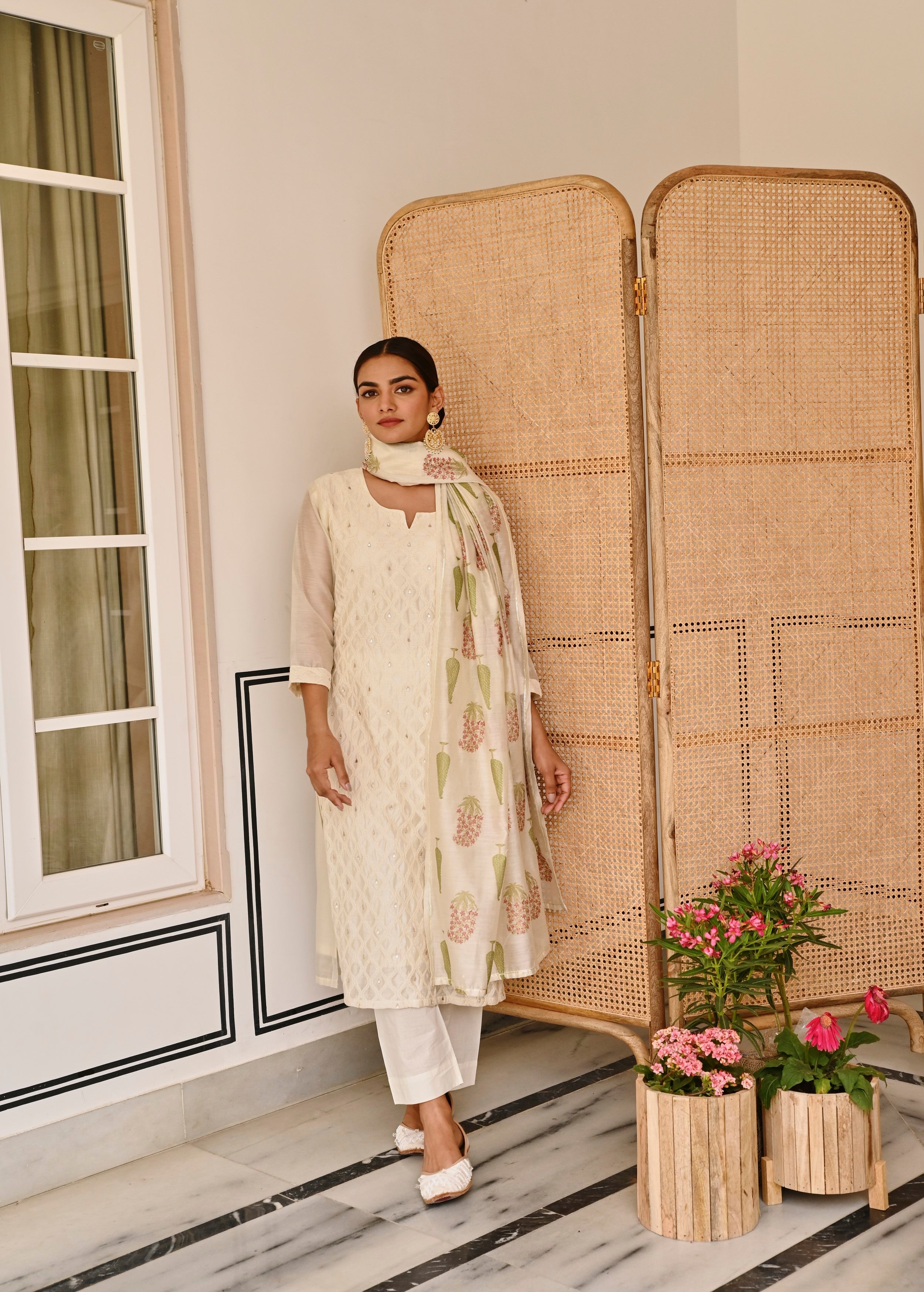 Off-White Embroidered Chanderi Silk Pant Set