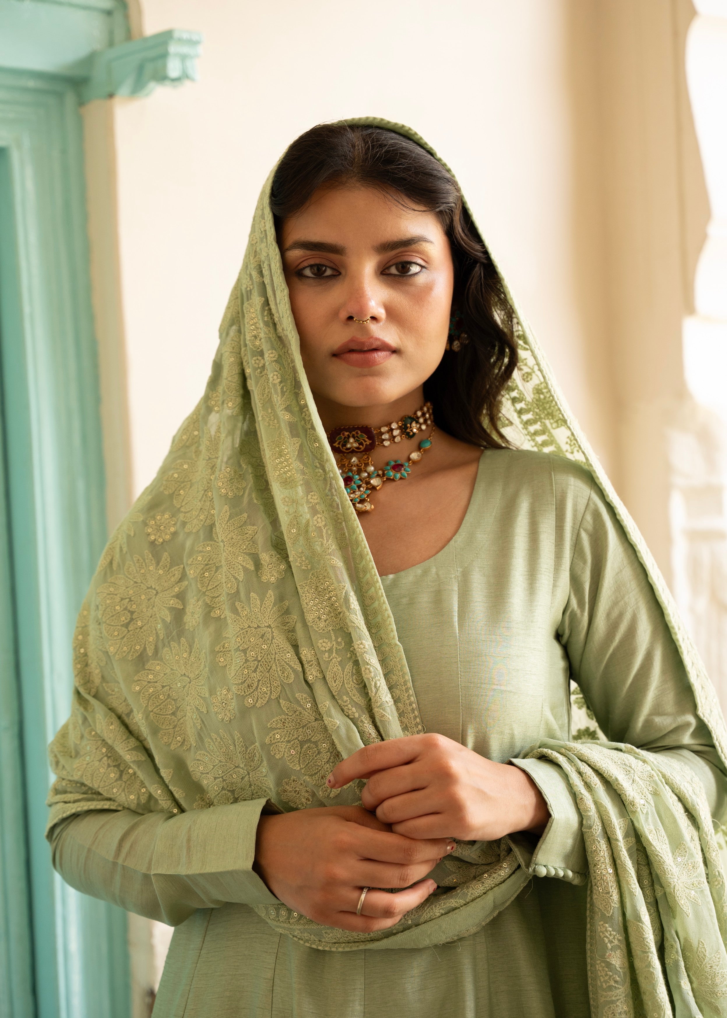 Sage Green Chikankari Dola Silk Anarkali Set