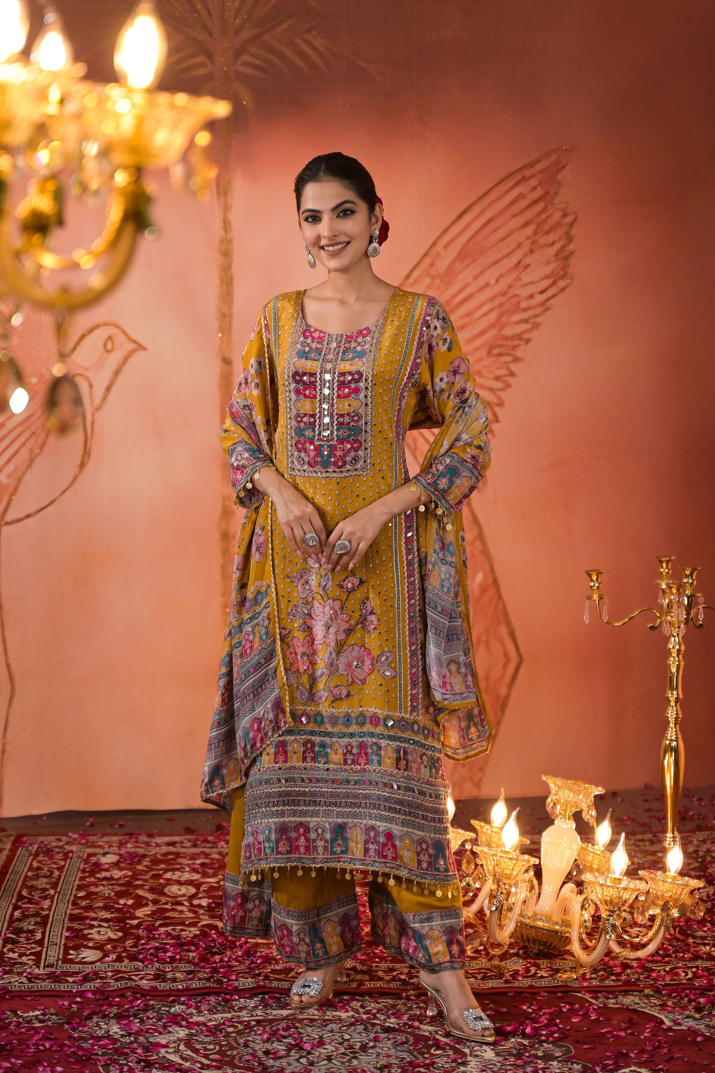 Mustard Ethnic Printed Crepe Silk Palazzo Set