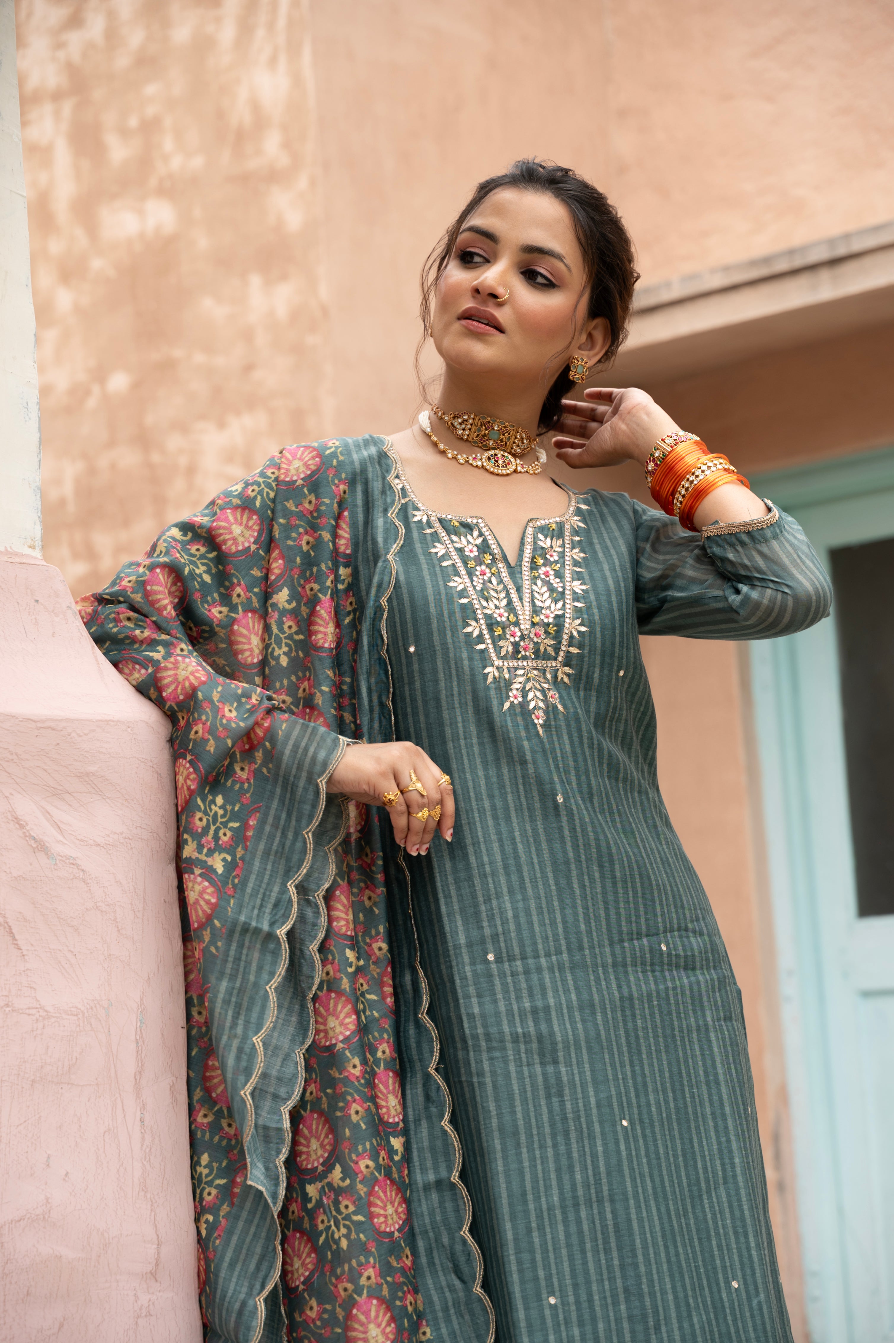 Teal Green Embellished Chanderi Silk Pant Set