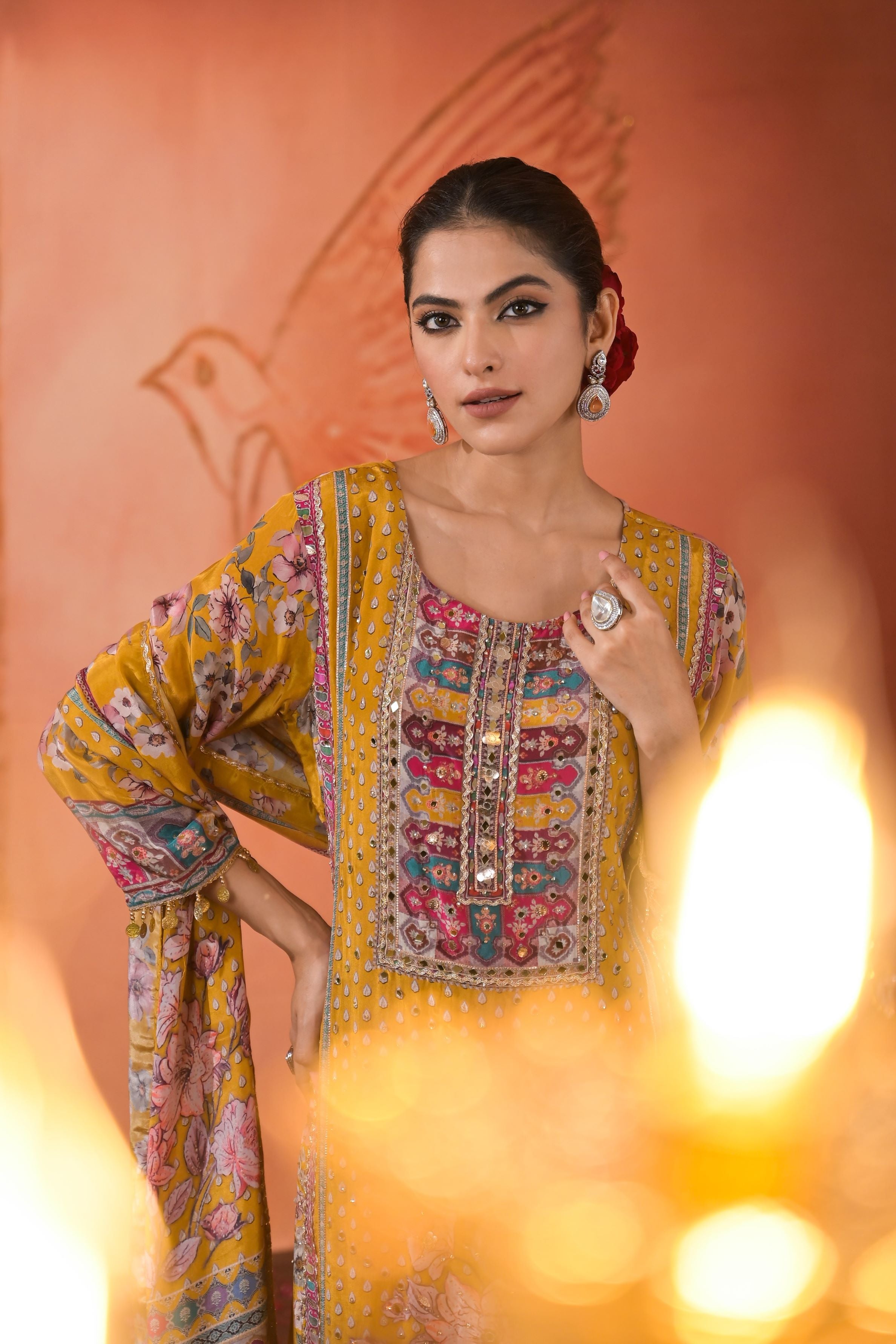 Mustard Ethnic Printed Crepe Silk Palazzo Set