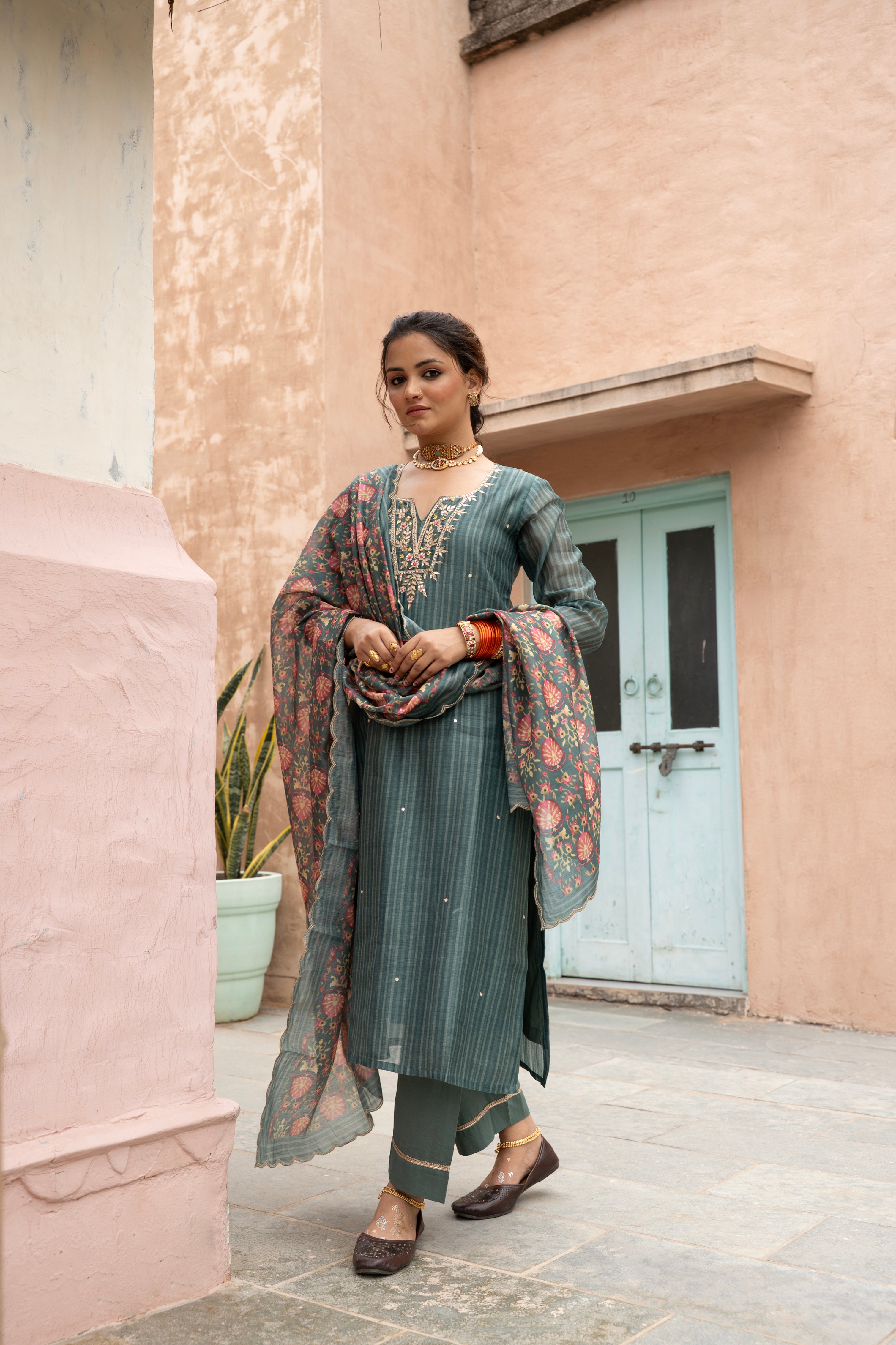 Teal Green Embellished Chanderi Silk Pant Set
