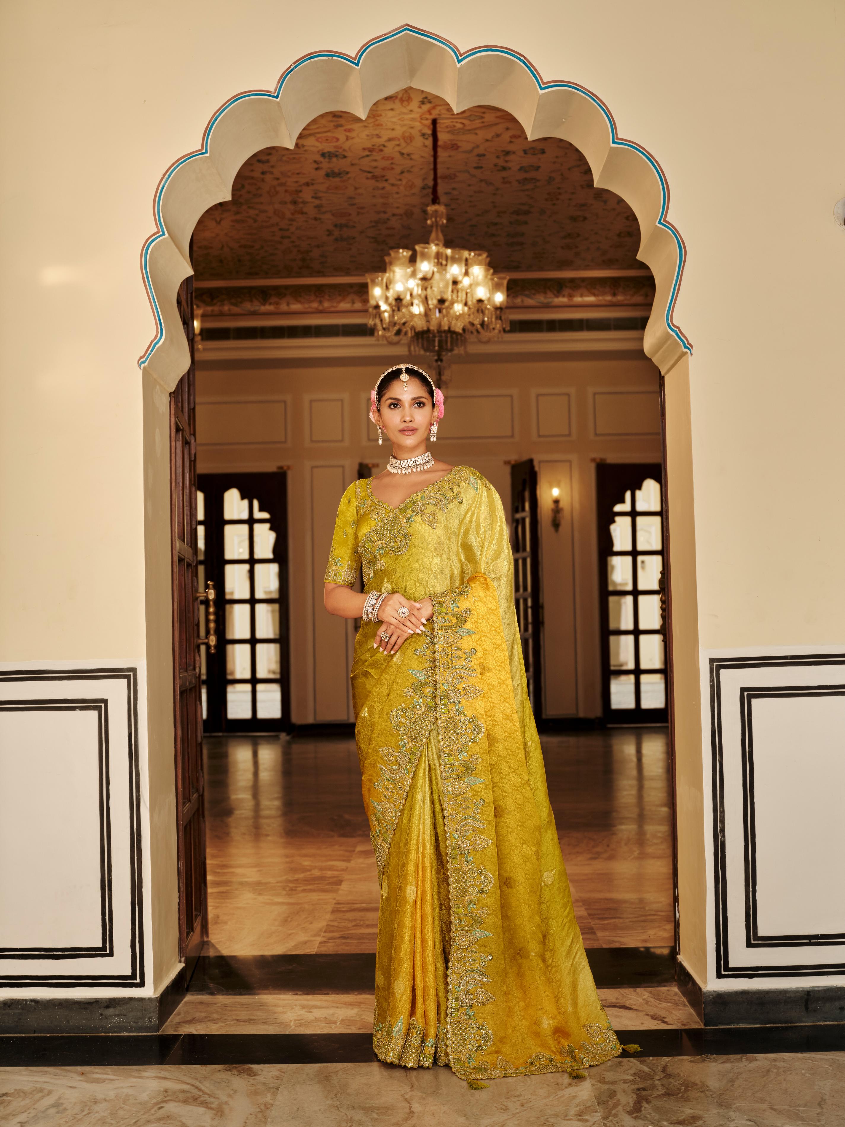 Traditional Yellow Premium Fabric Saree with Embroidery and Patchwork