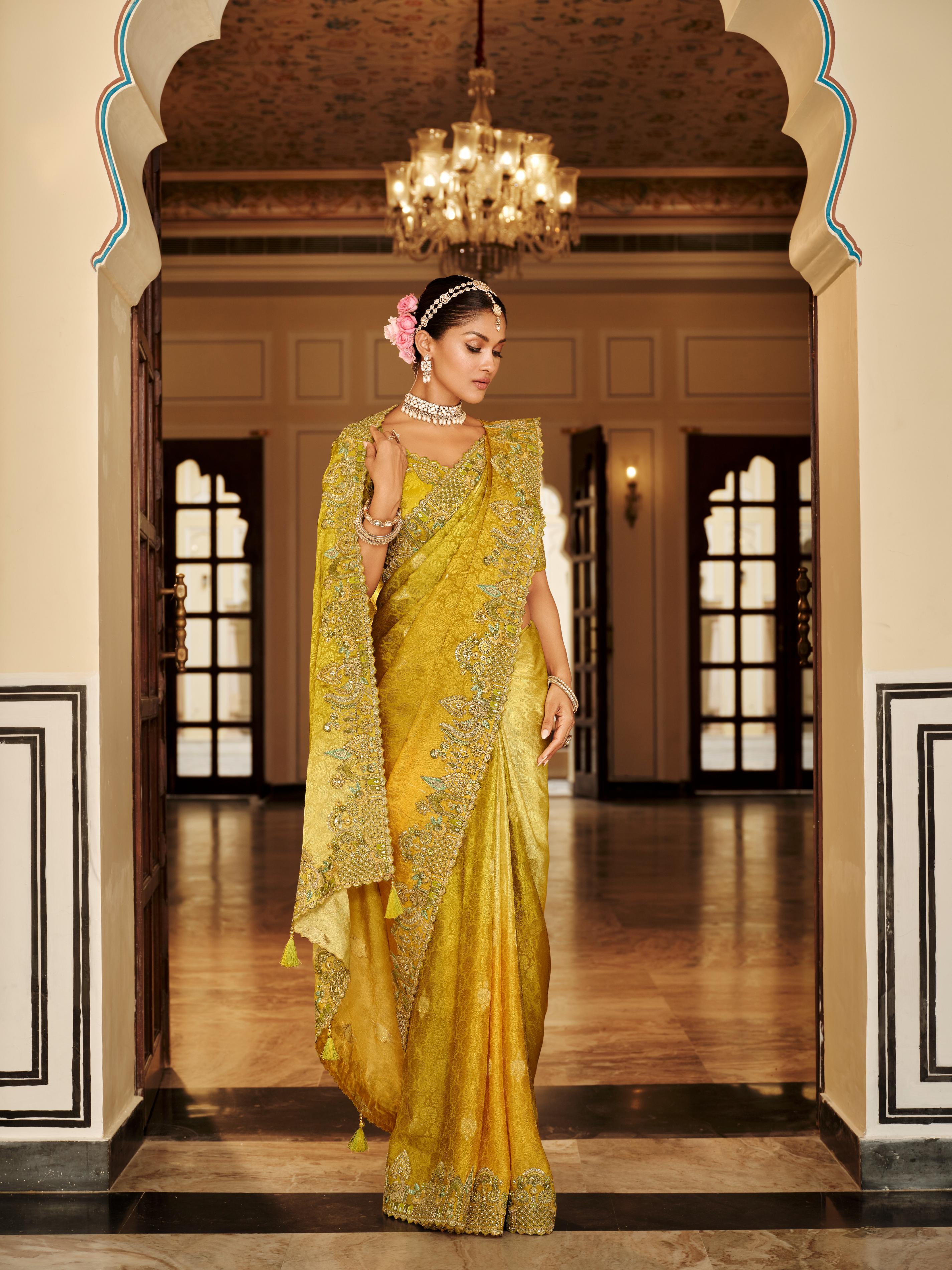 Traditional Yellow Premium Fabric Saree with Embroidery and Patchwork