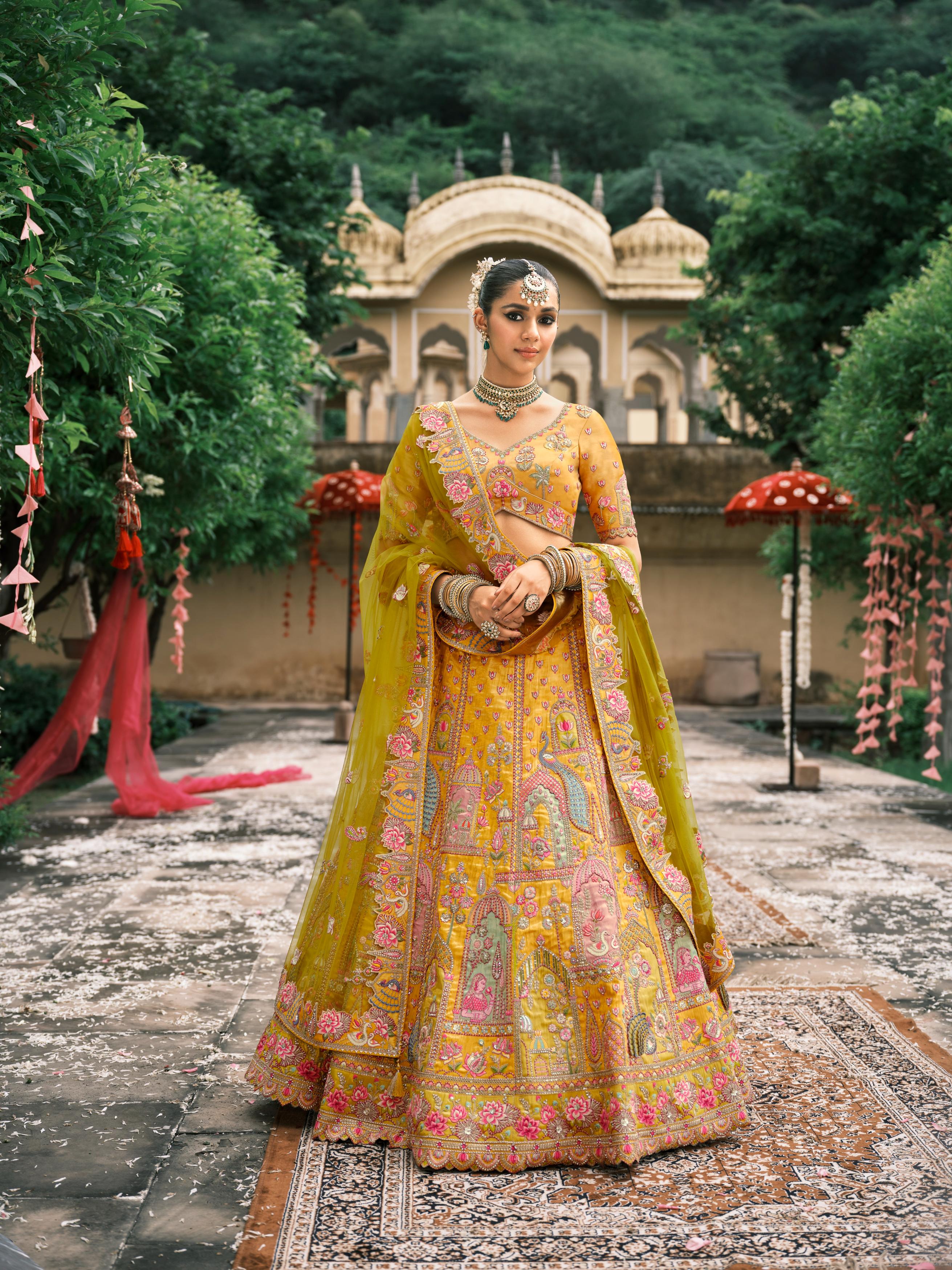 Yellow Multicolour Handwork Shimmer Tissue Silk Embellished Lehenga Set