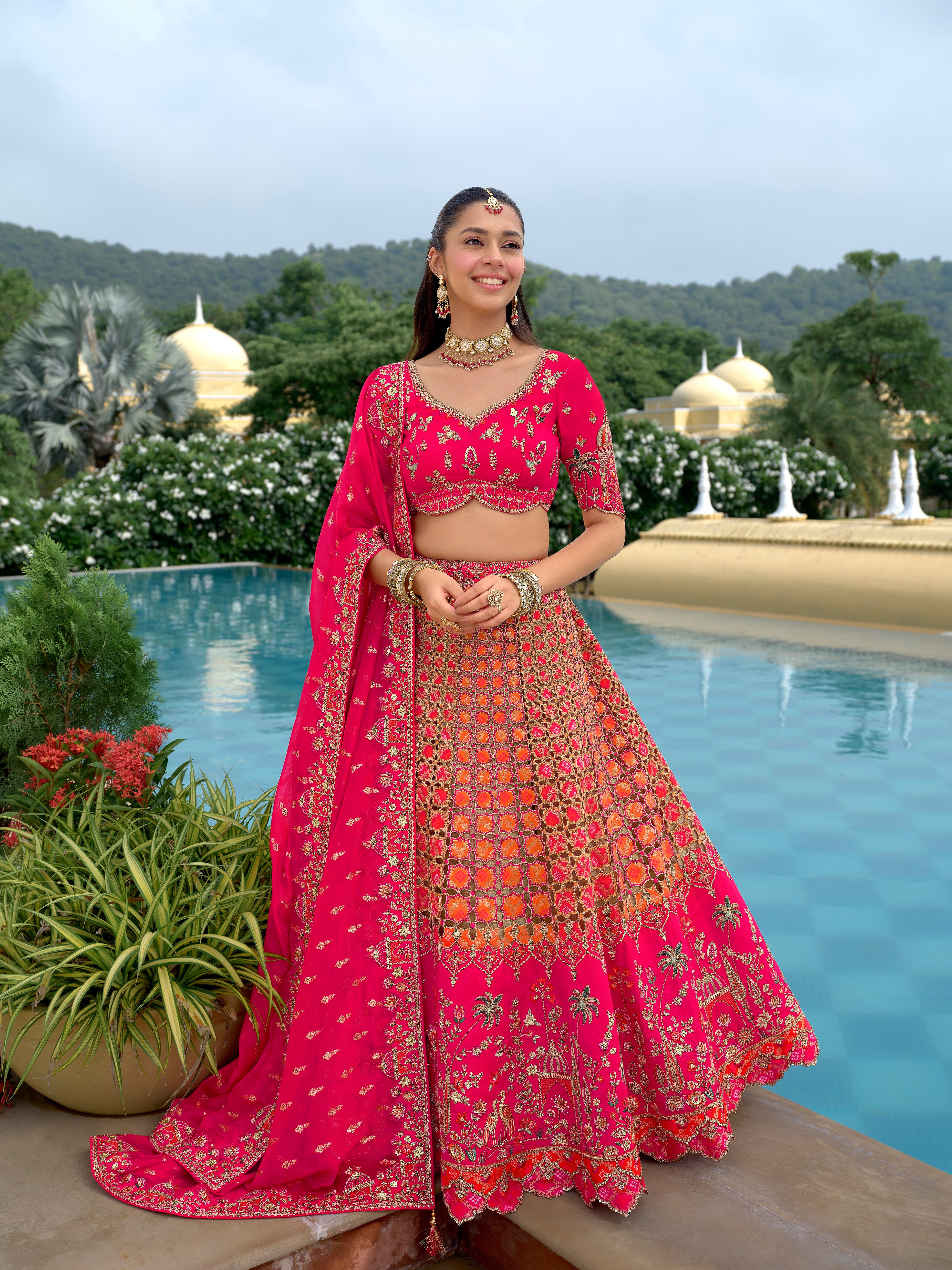 Bright Pink & Orange Embellished Tissue Silk Lehenga Set