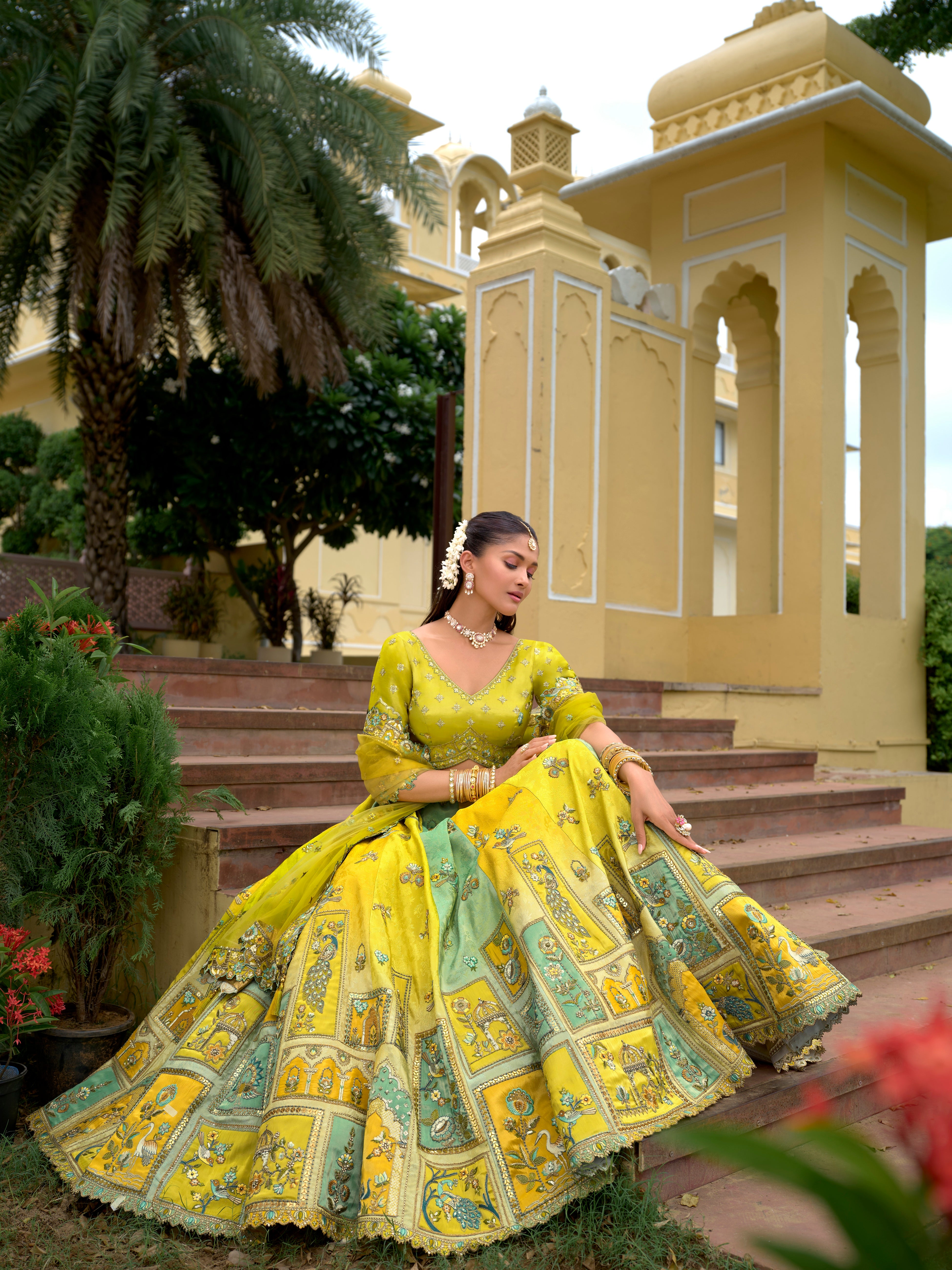 Mustard Yellow & Green Embellished Tissue Silk Lehenga Set