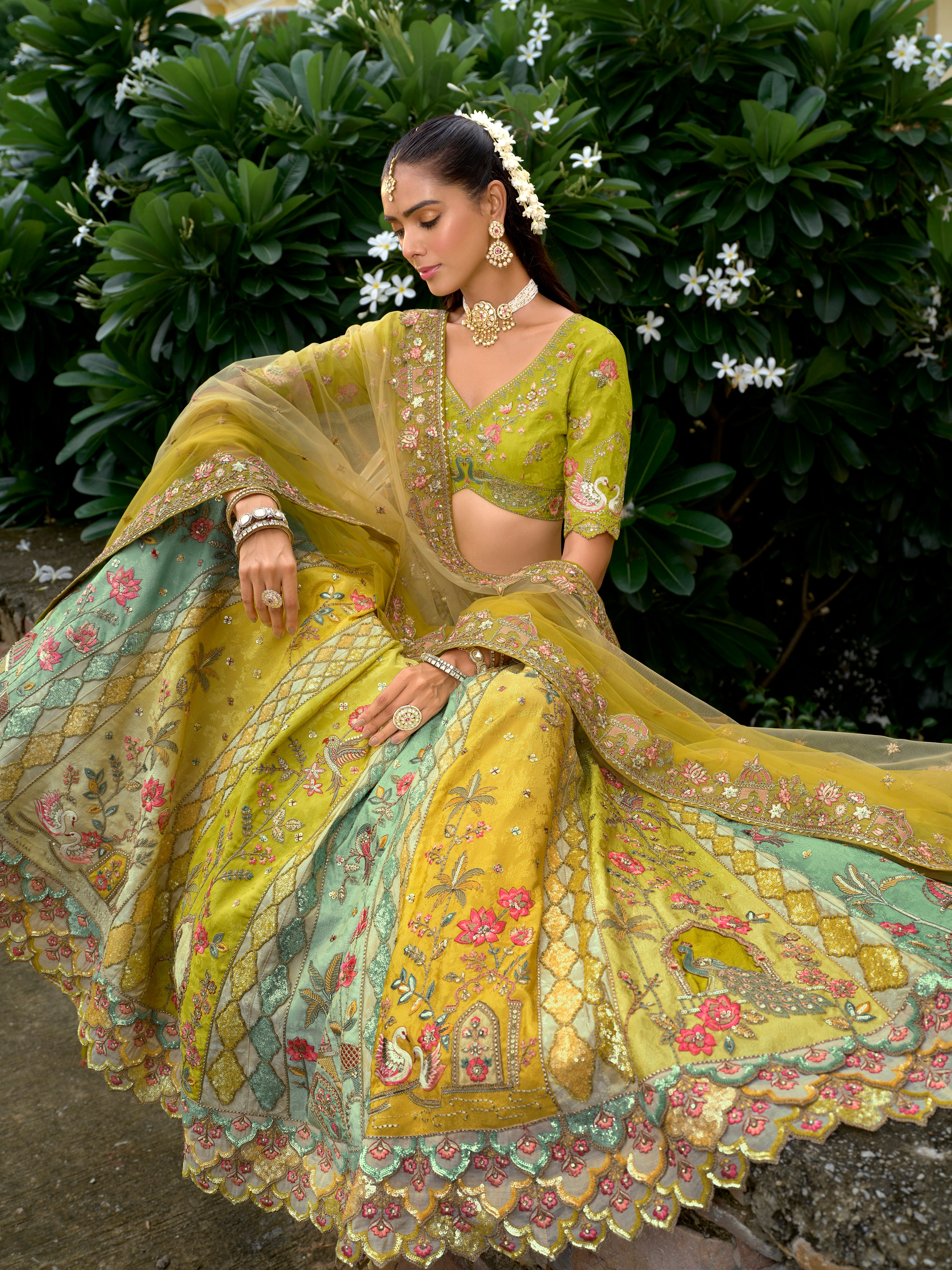 Sage Green Mustard Embellished Tissue Silk Lehenga Set
