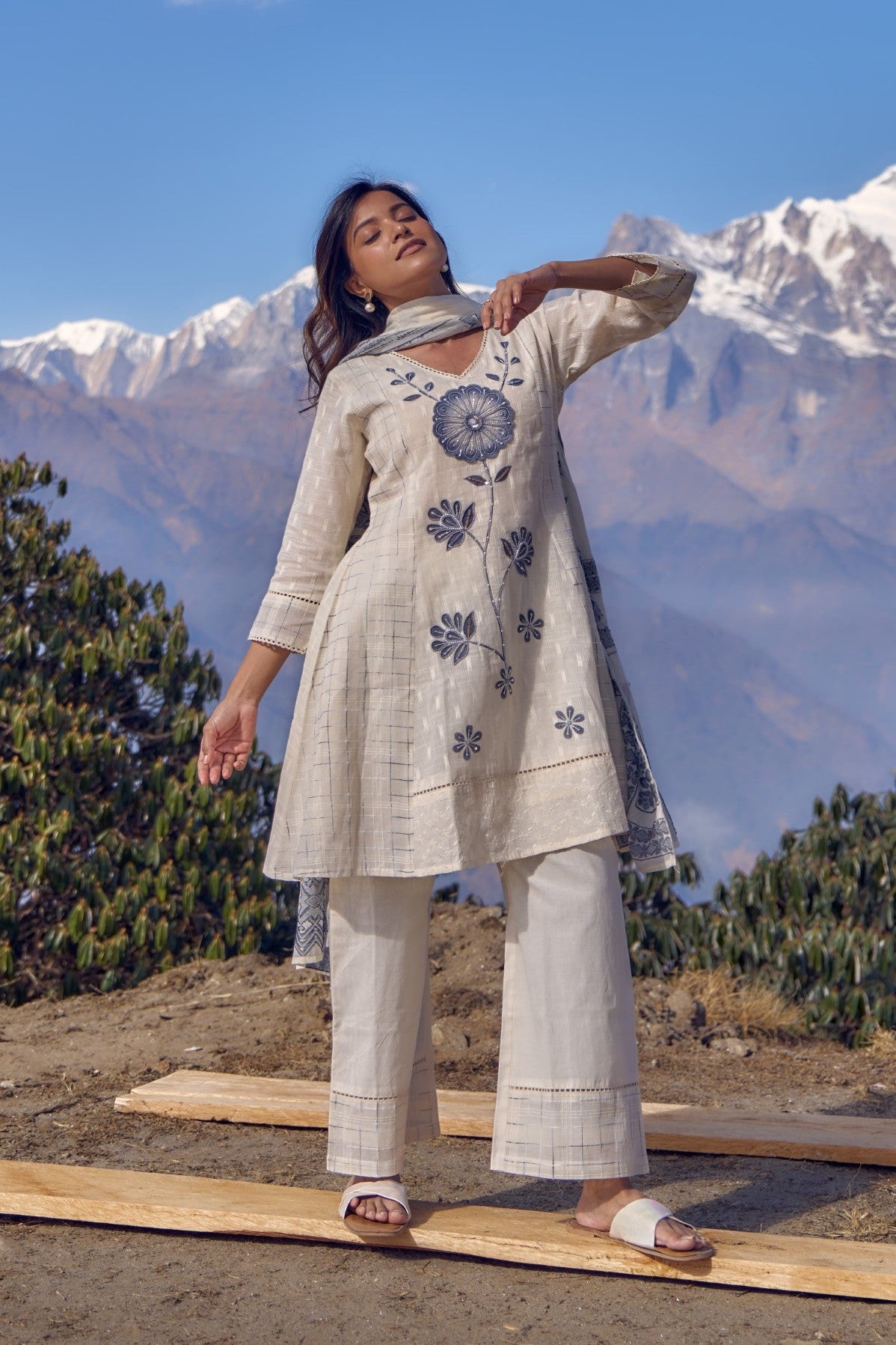 Off-White Embellished Chanderi Silk Pant Set