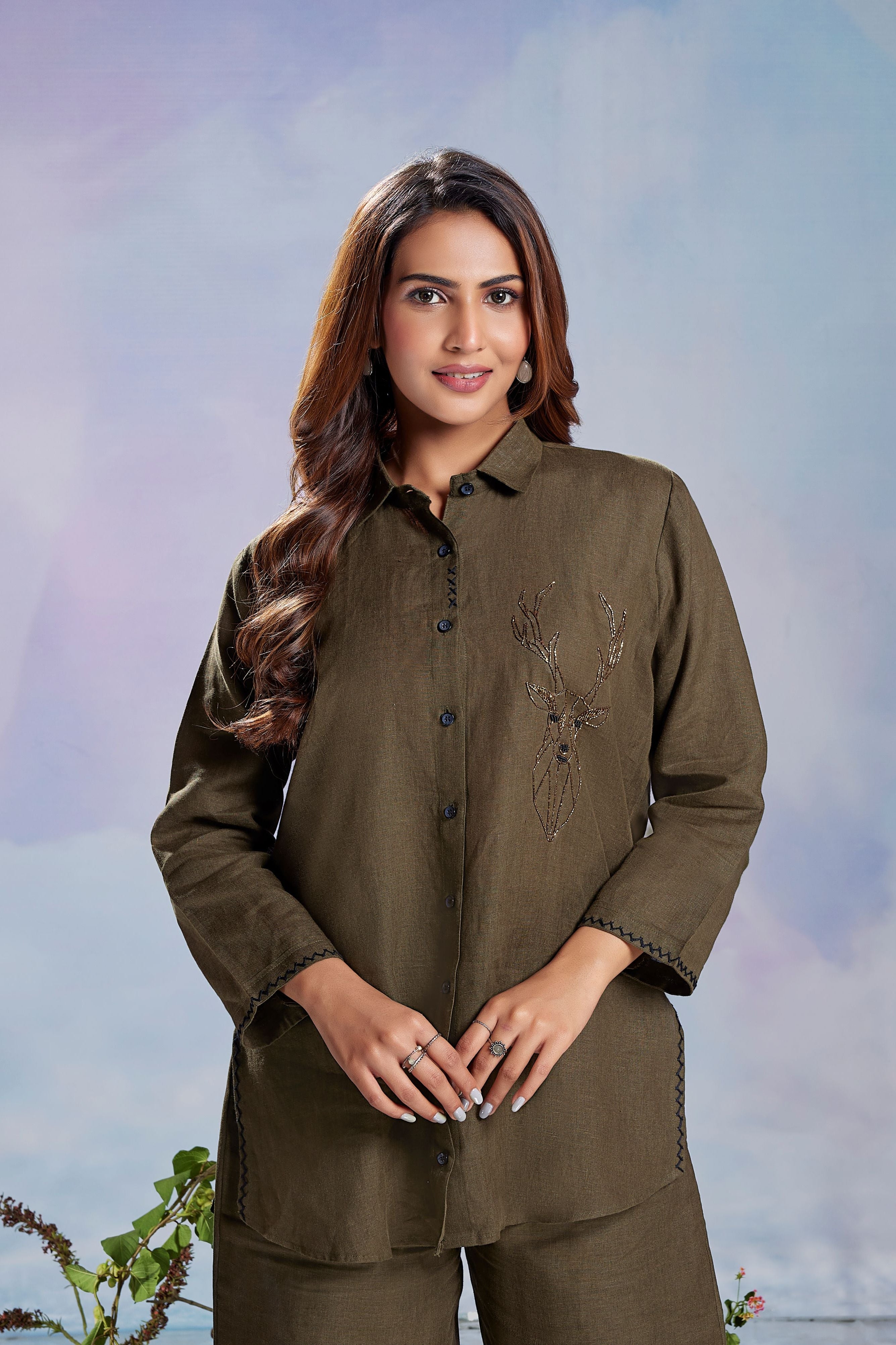 Deep Olive Embellished Linen Co-Ord Set