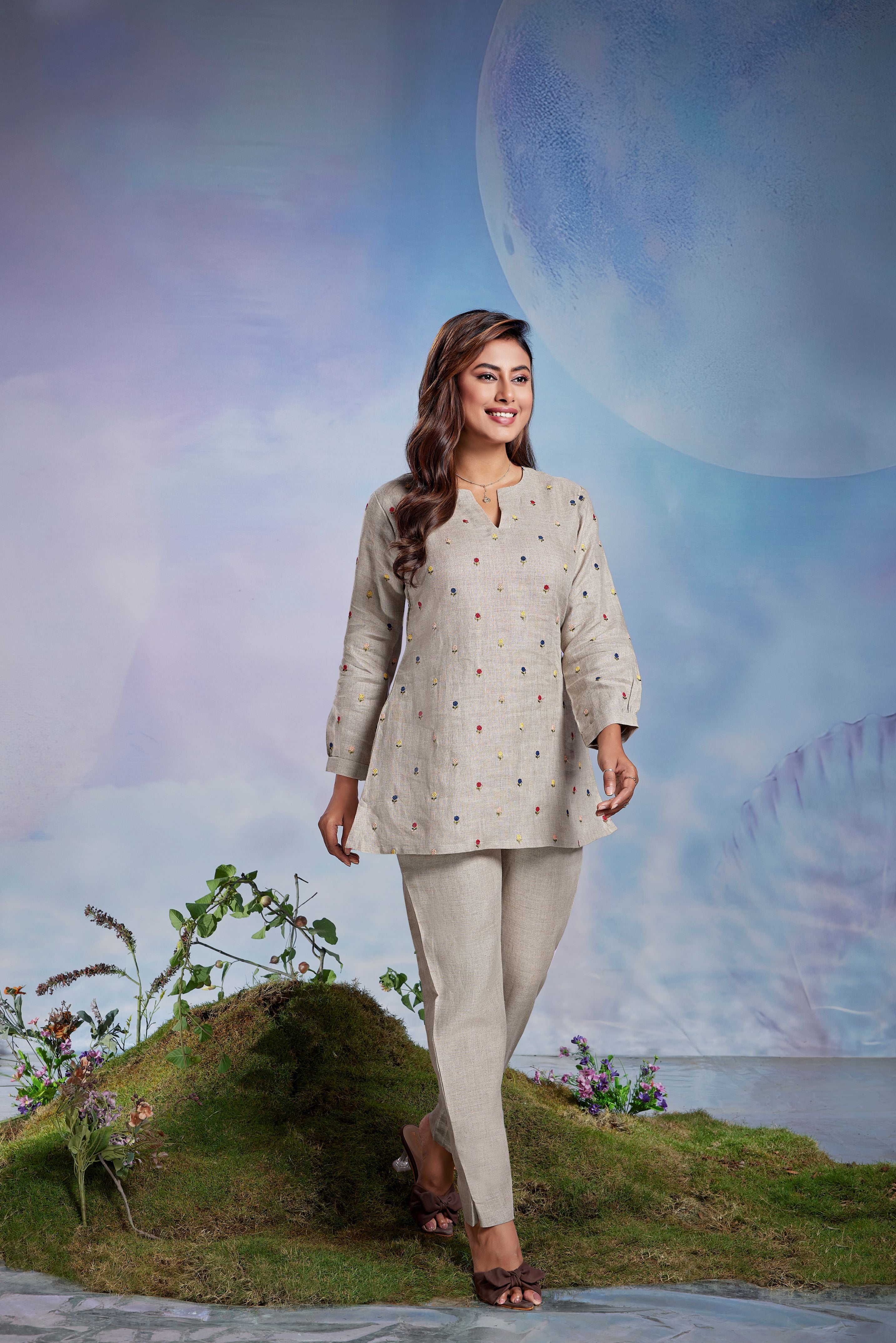 Oatmeal Grey Embroidered Linen Co-Ord Set