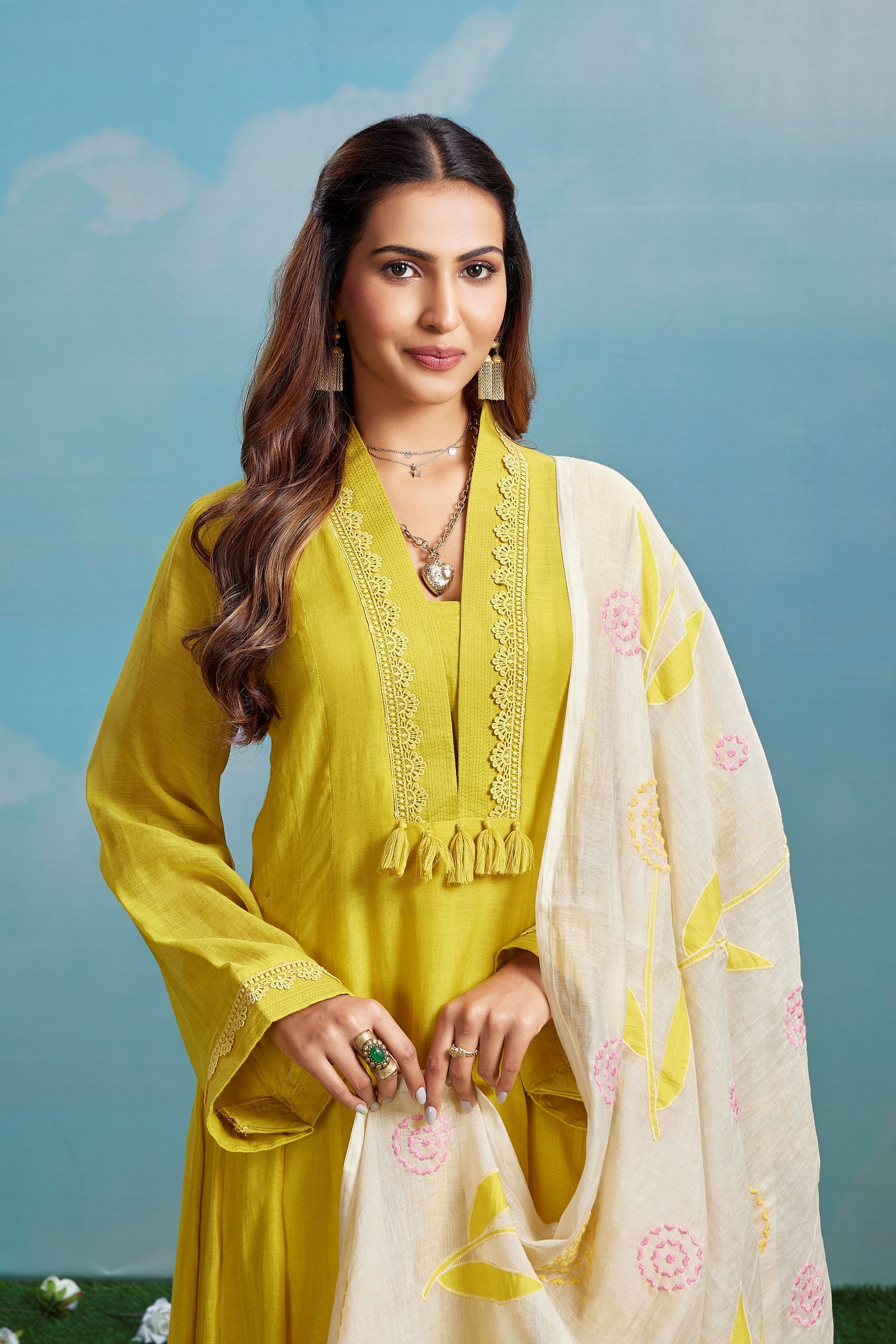 Citrine Yellow Embroidered Chanderi Silk Anarkali Set