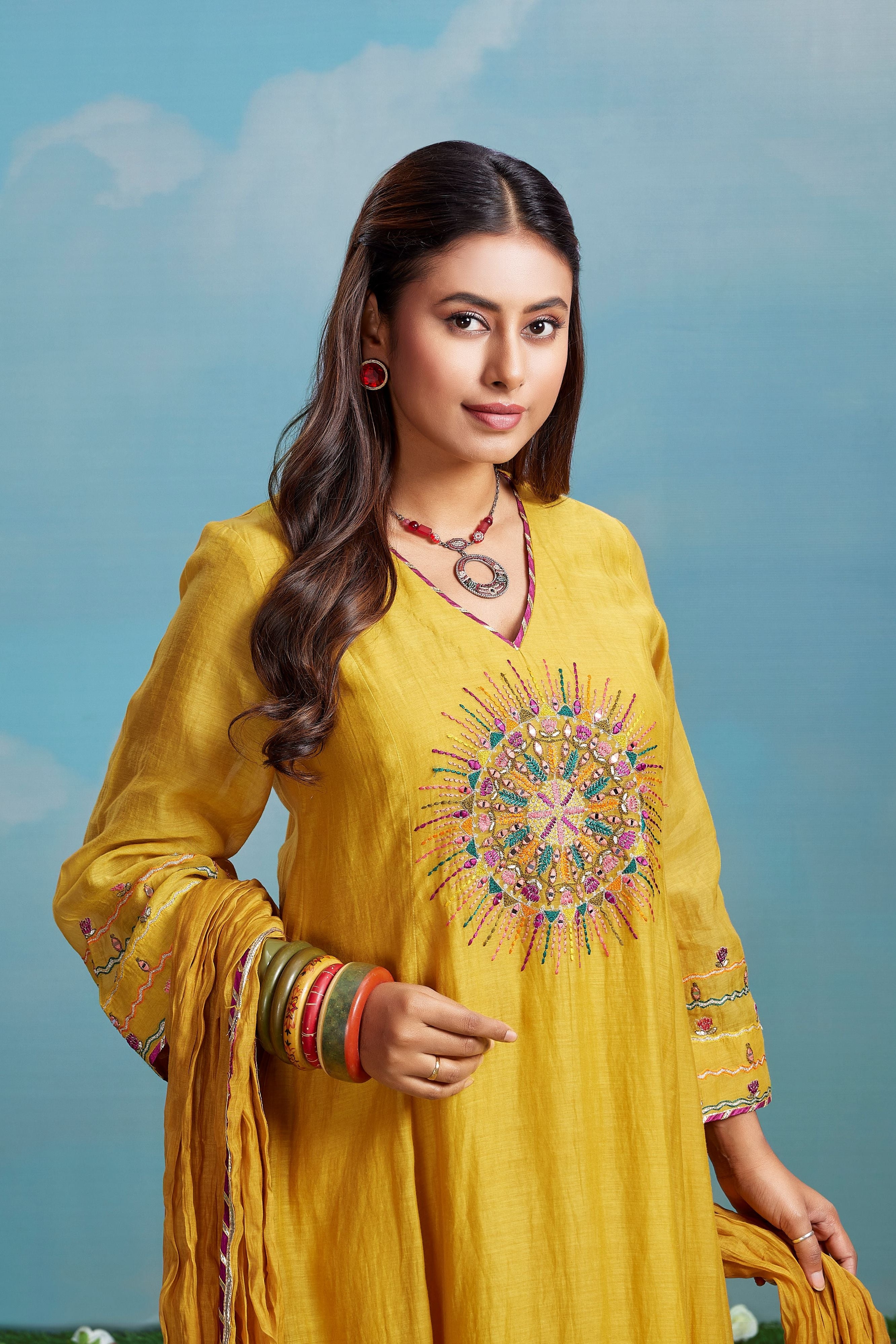 Mustard Sun Embroidered Chanderi Silk Anarkali Set