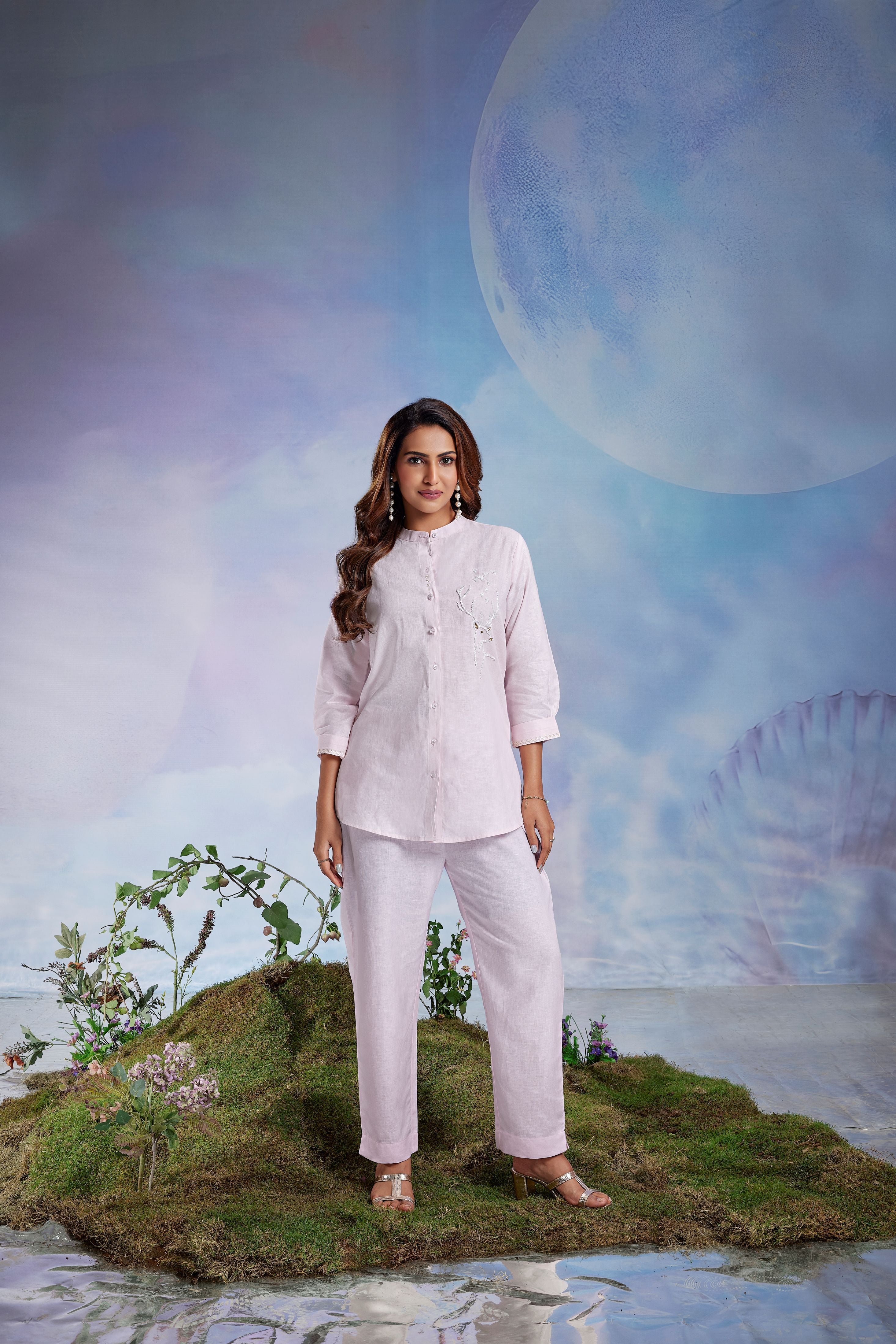 Pastel Bloom Embellished Linen Co-Ord Set