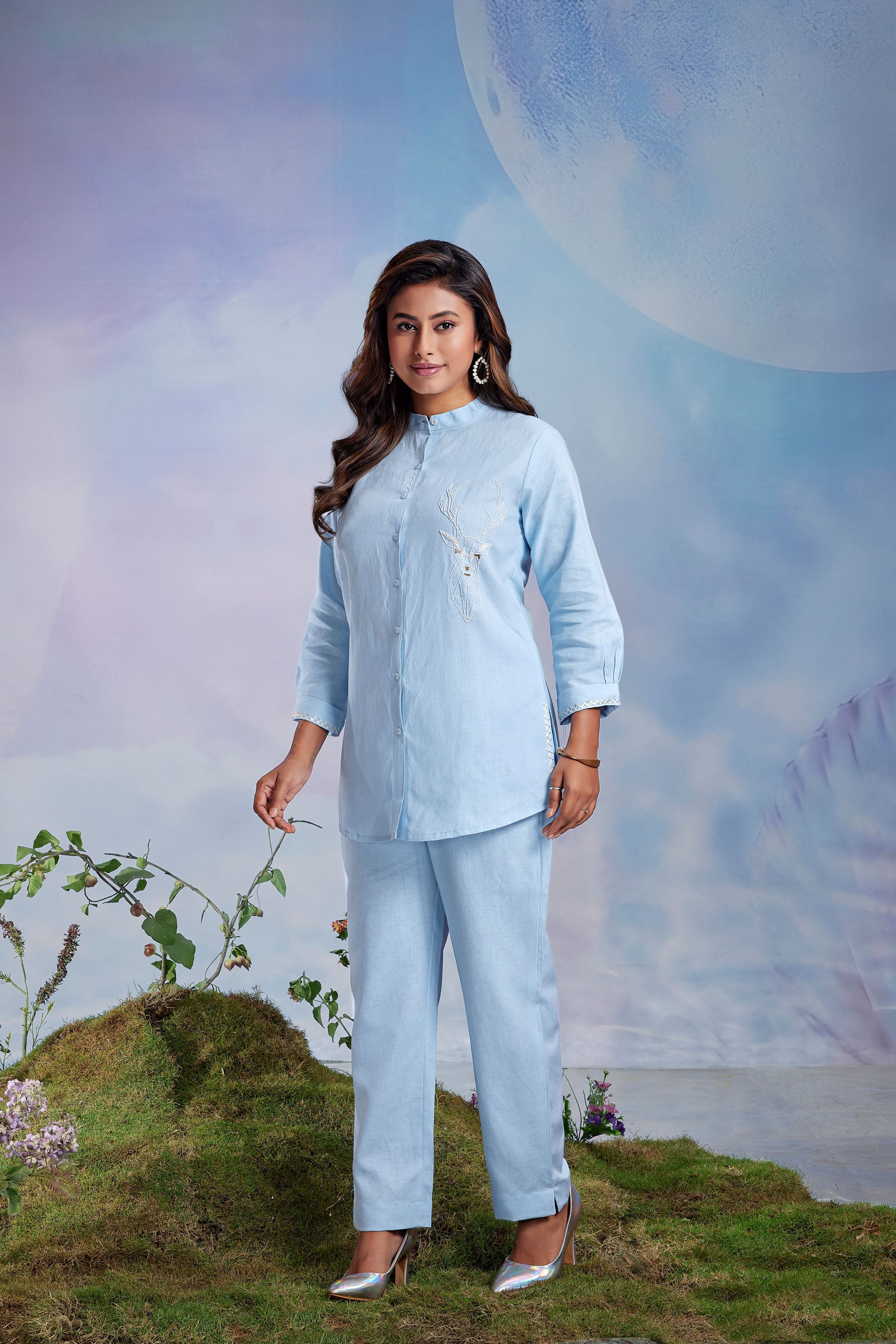 Powder Blue Embellished Linen Co-Ord Set