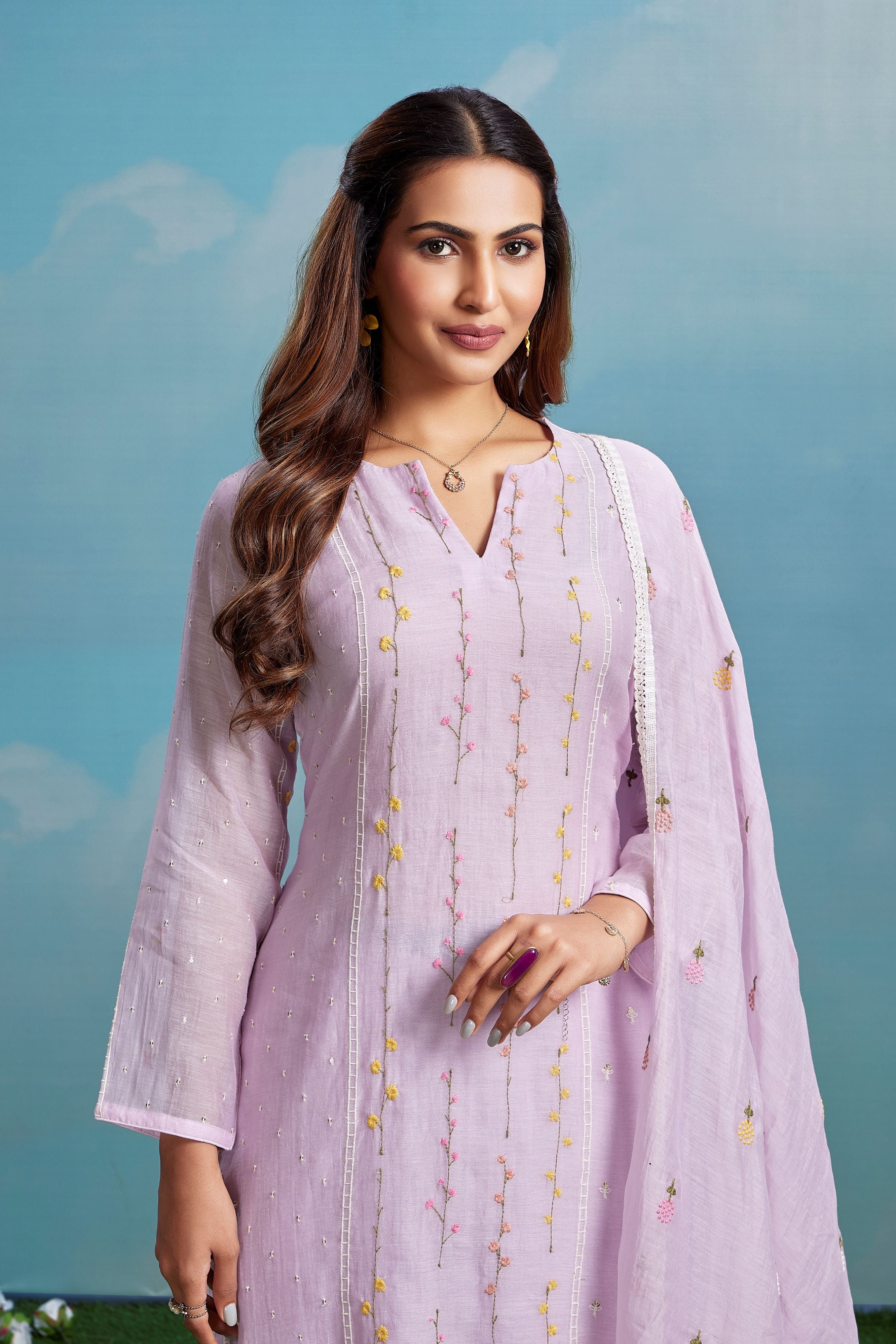 Lilac Meadow Embroidered Chanderi Silk Pant Set