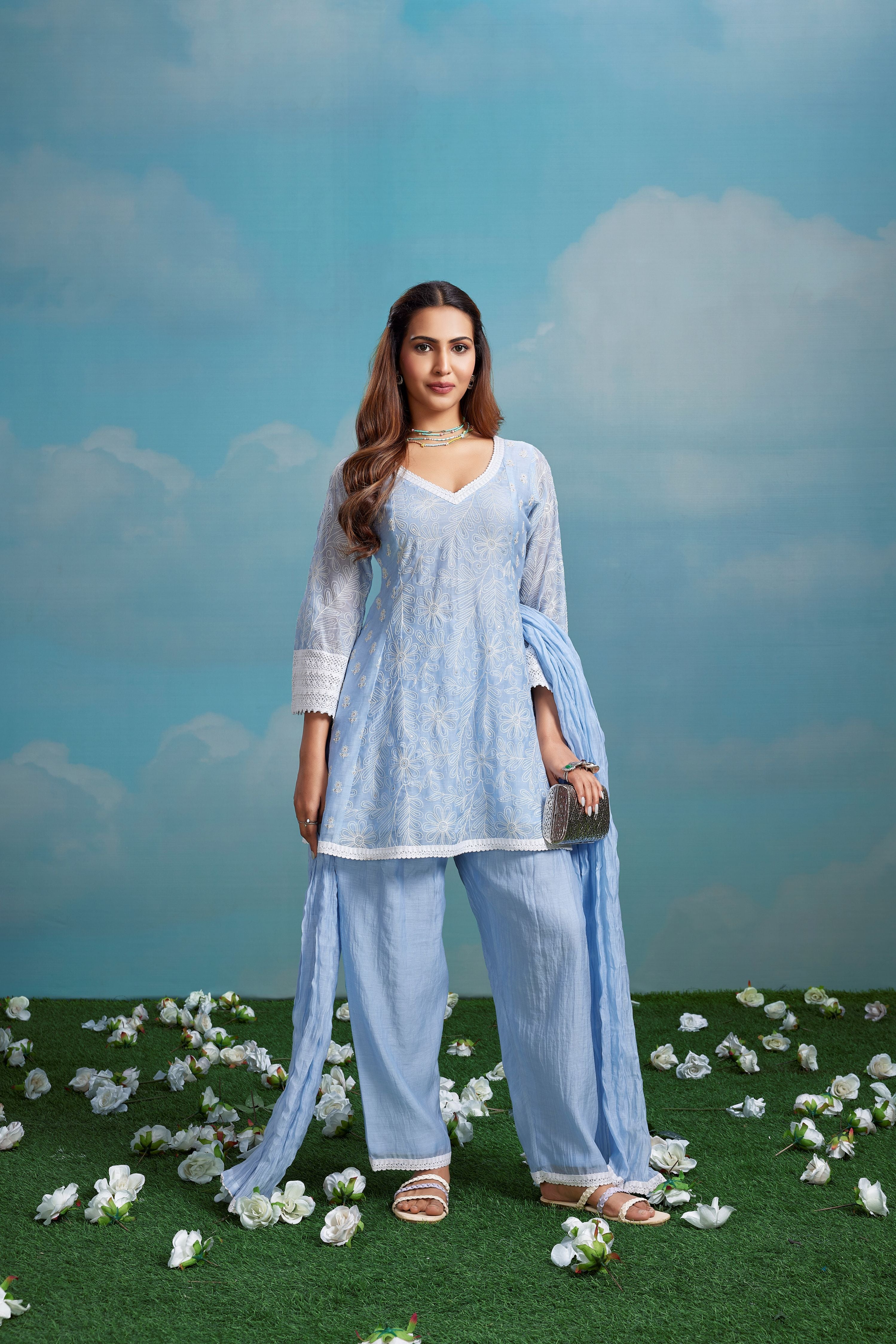 Sky Blossom Embroidered Chanderi Silk Pant Set