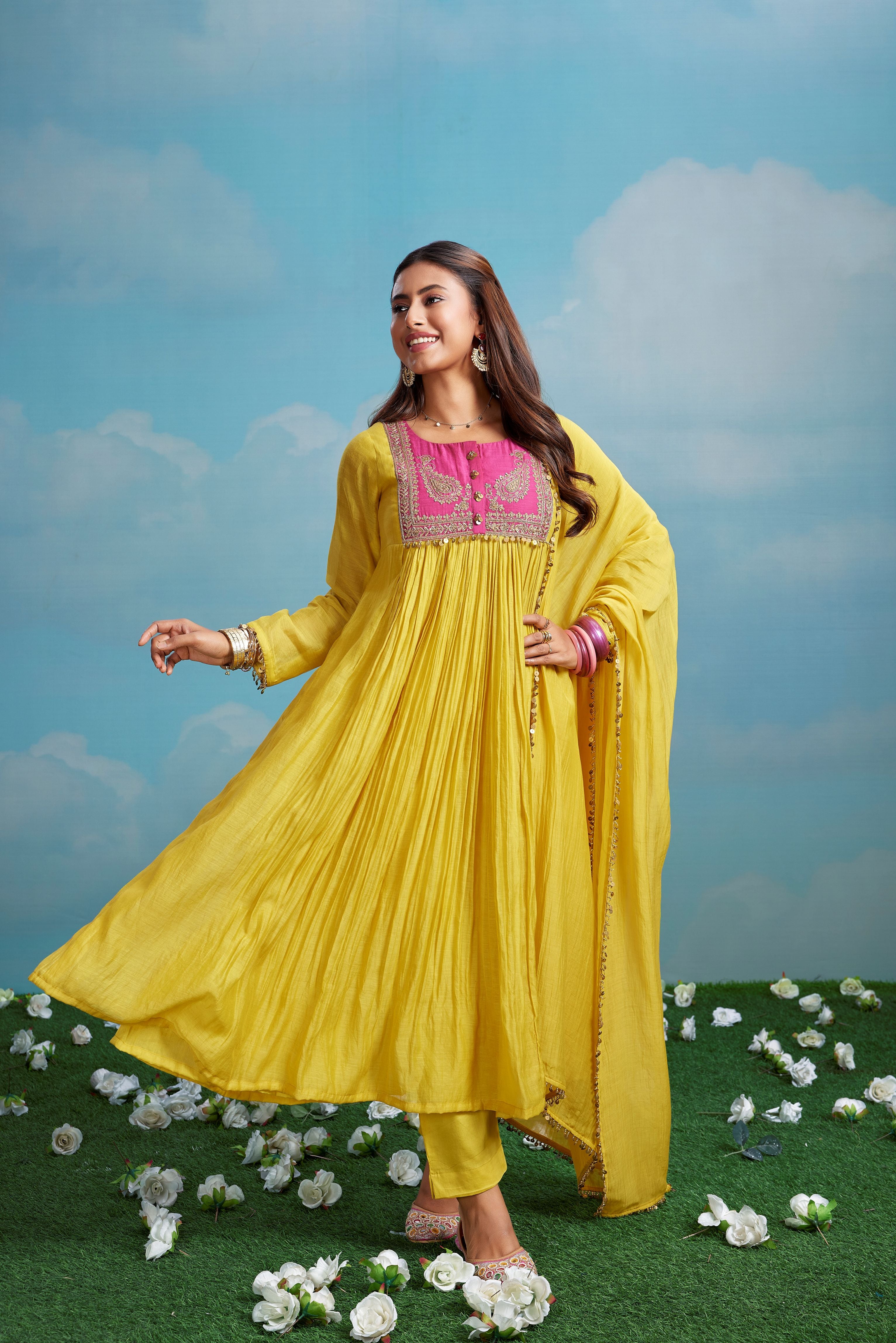 Bright Yellow Embellished Chanderi Silk Anarkali Set