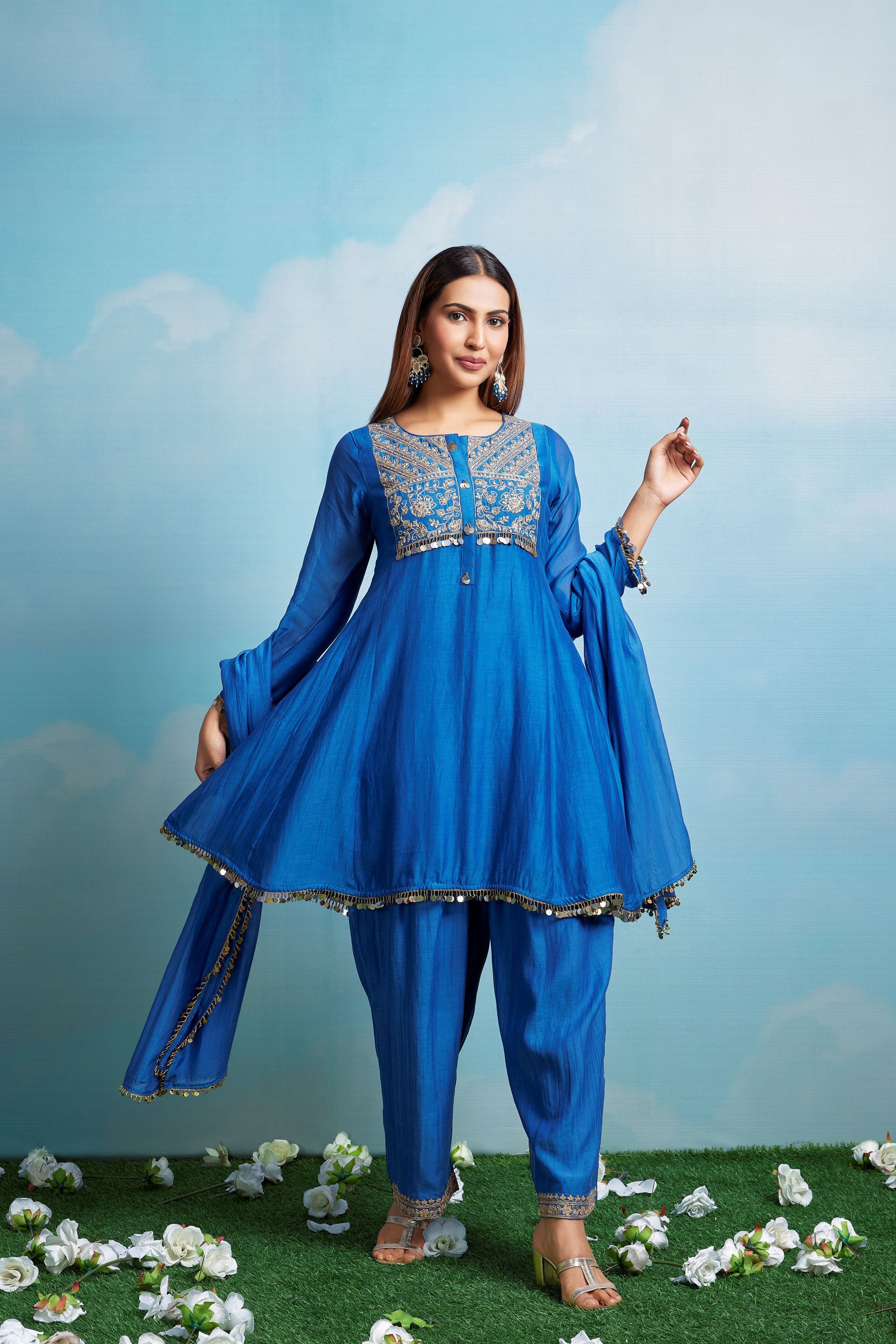 Cerulean Blue Embellished Chanderi Silk Pant Set