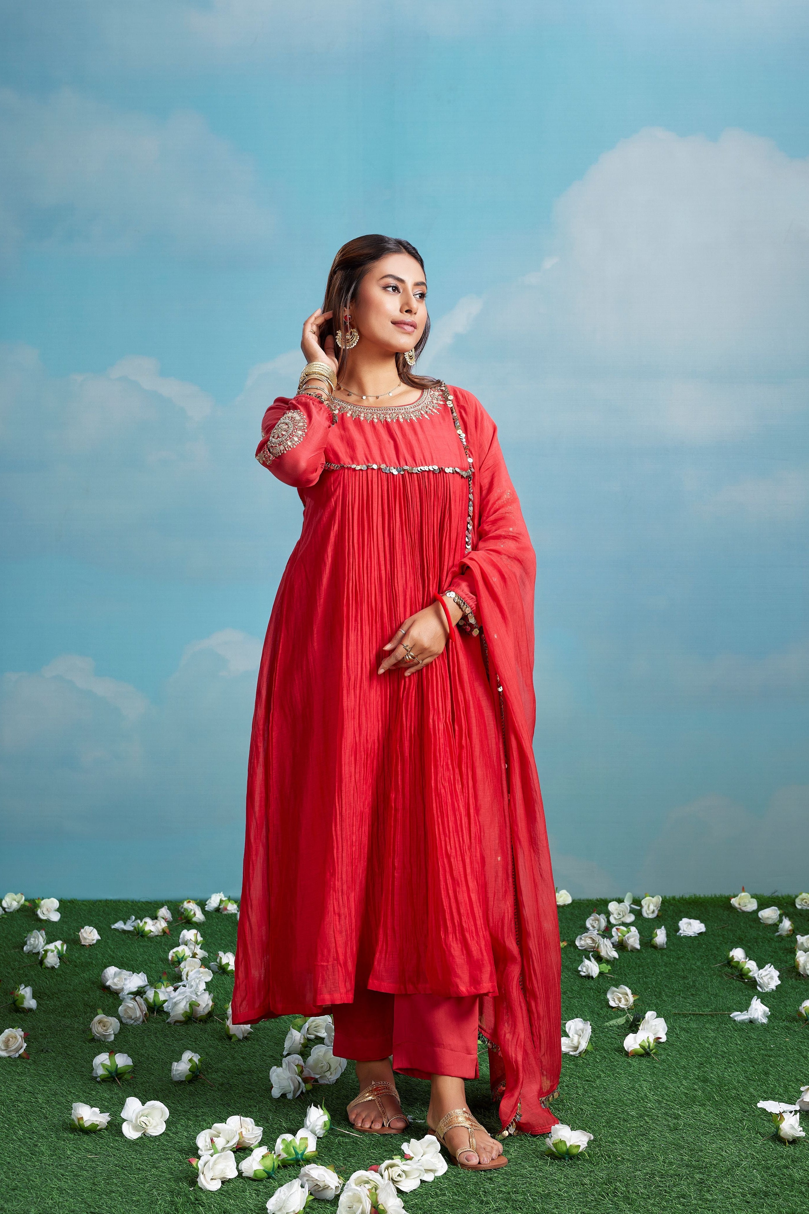 Crimson Glimmer Embellished Chanderi Silk Anarkali Set