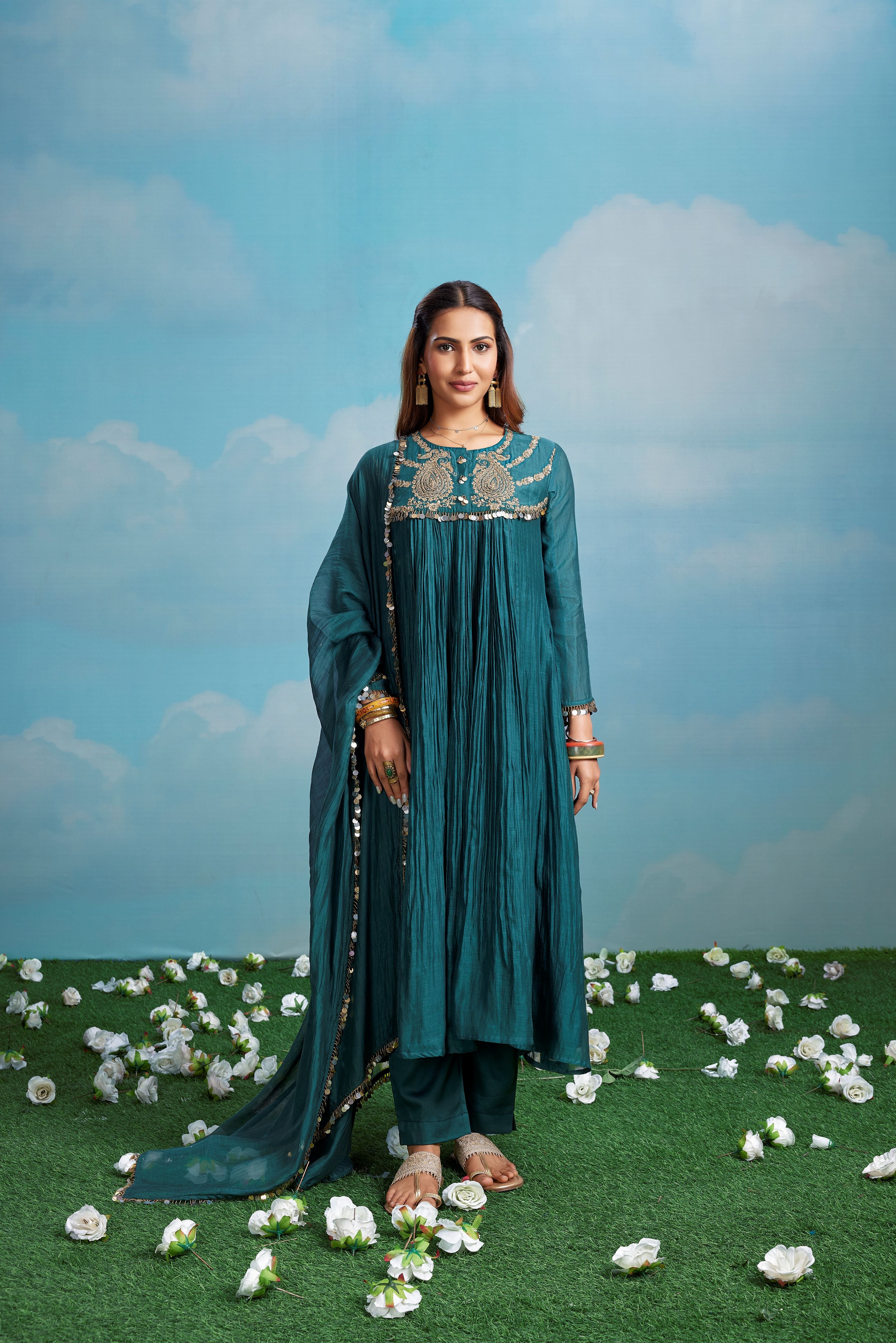 Teal Tensil Embellished Chanderi Silk Anarkali Set