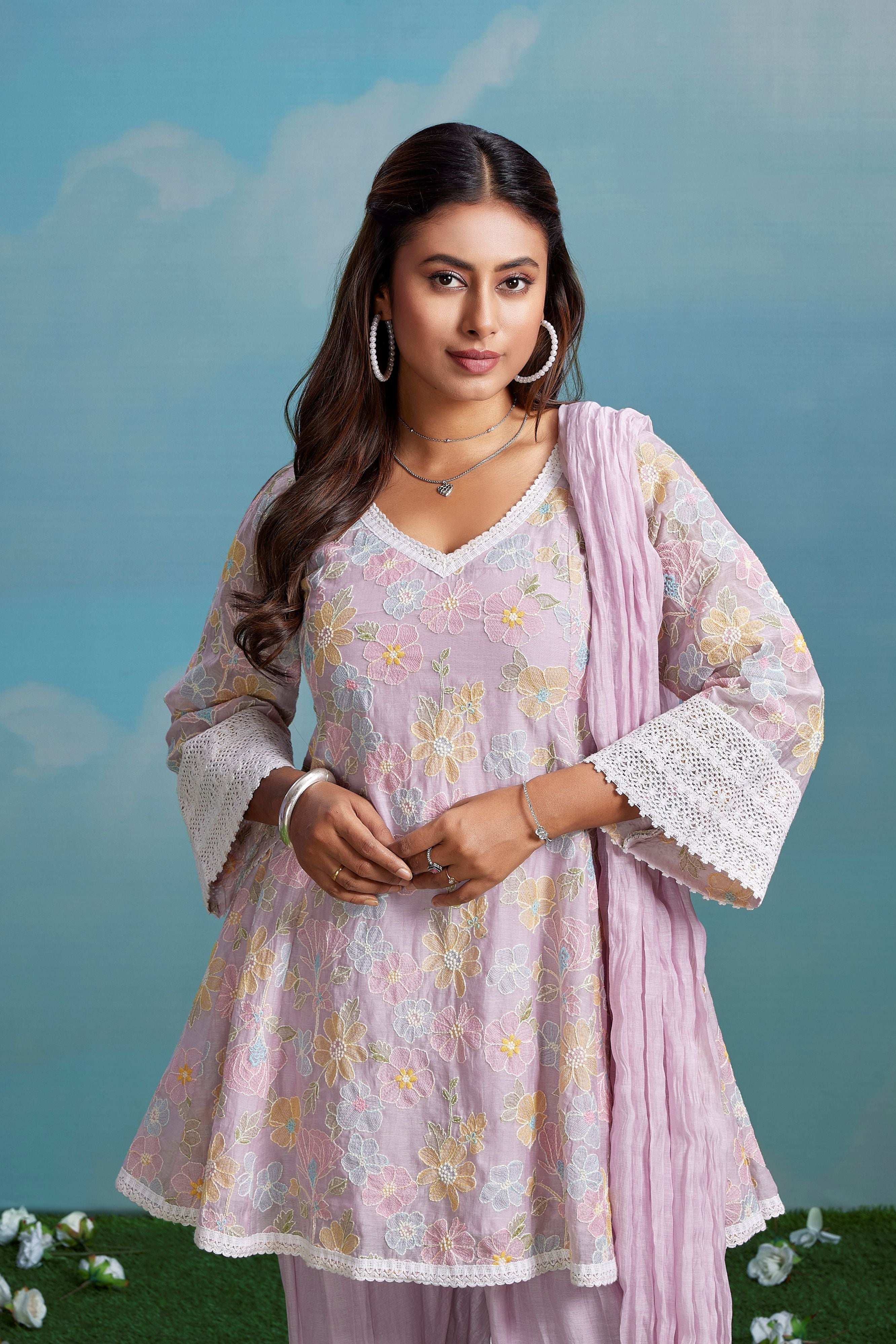 Mauve Blossom Embroidered Chanderi Silk Pant Set