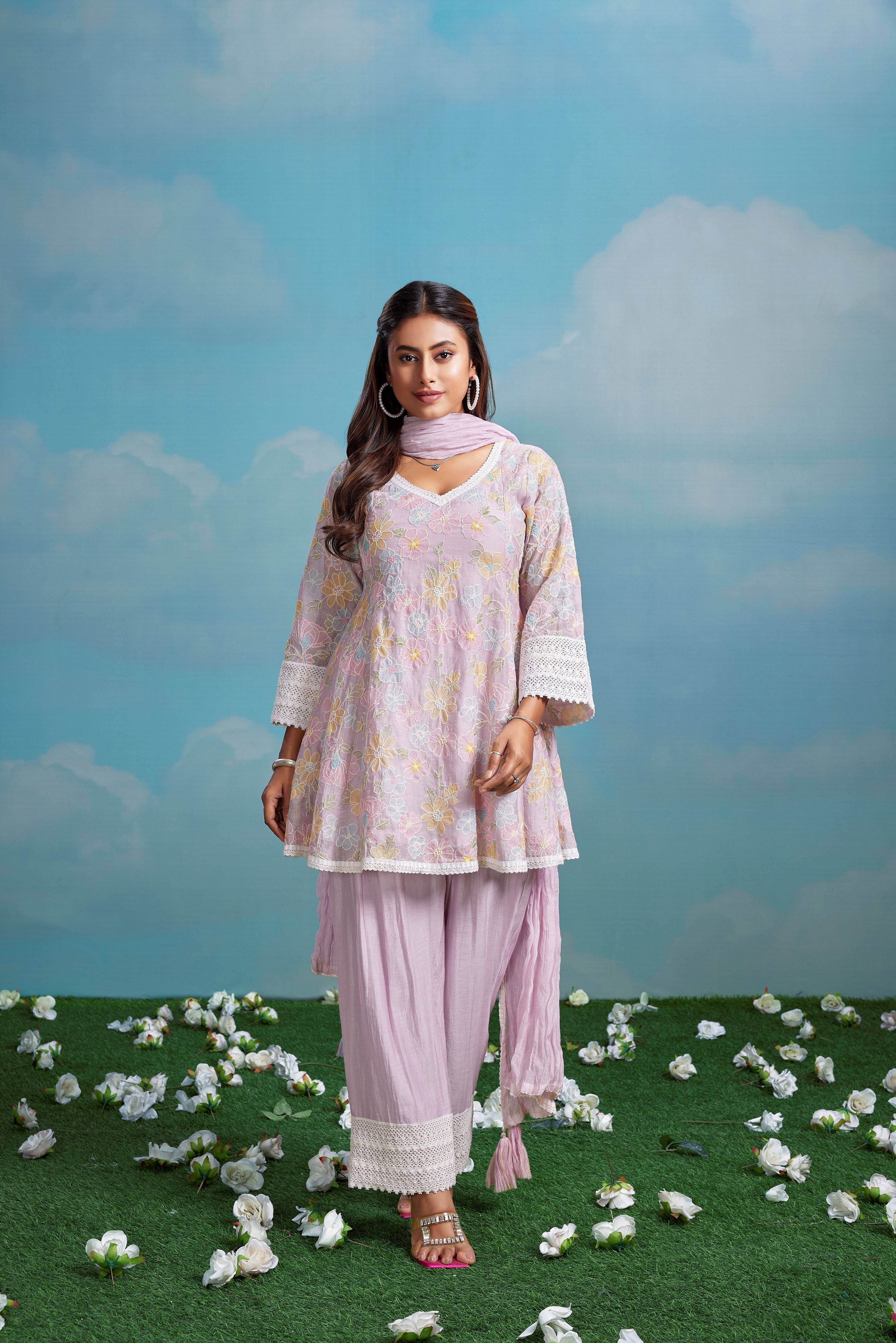 Mauve Blossom Embroidered Chanderi Silk Pant Set