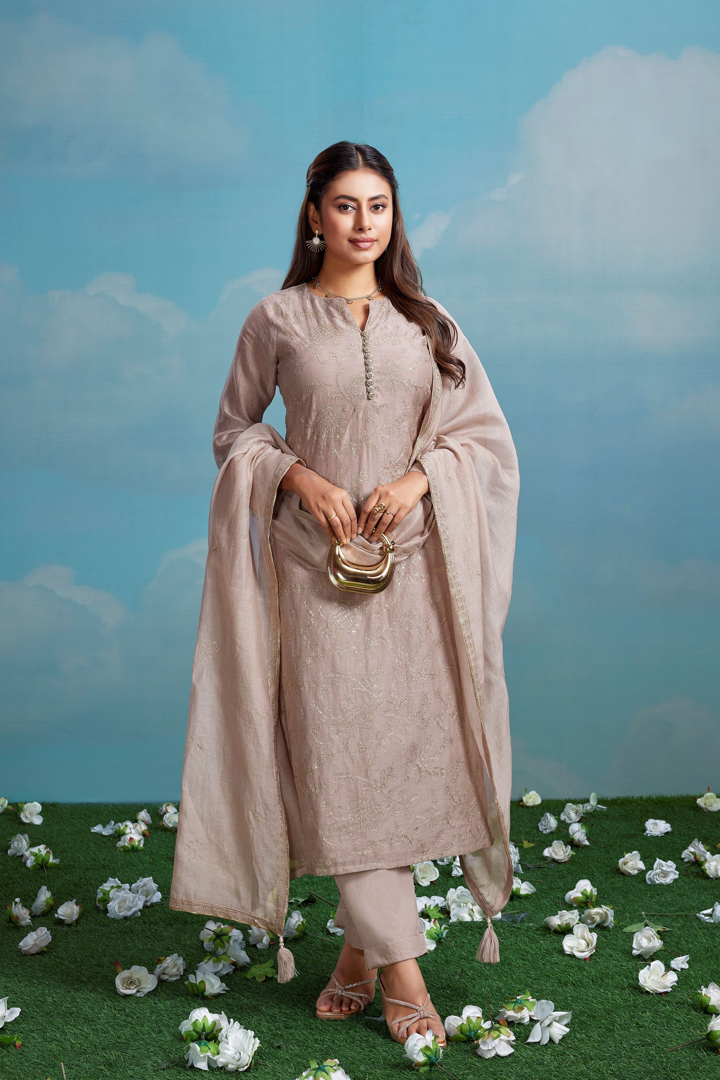 Taupe Glimmer Embellished Chanderi Silk Pant Set