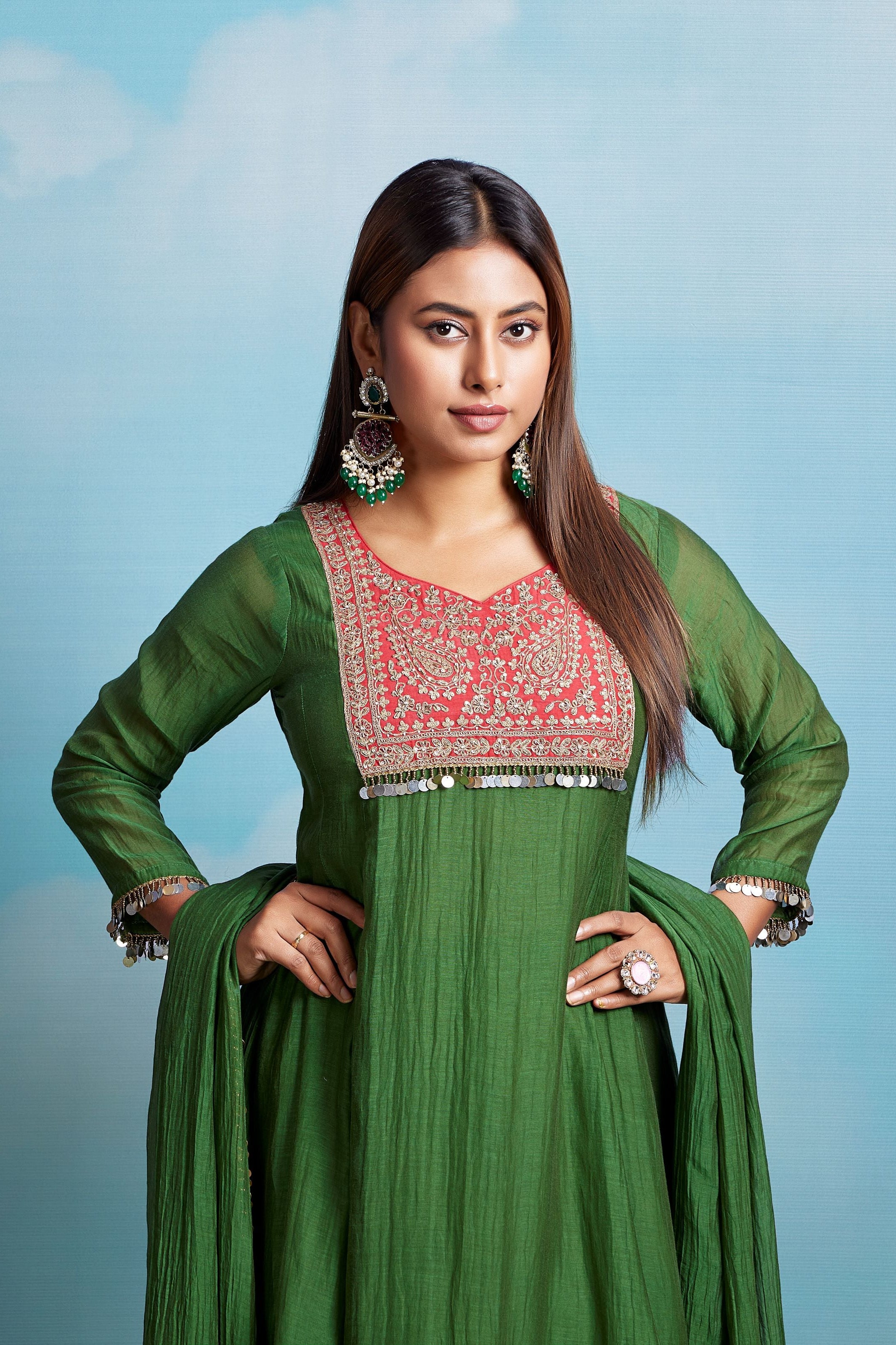 Forest Green Embellished Chanderi Silk Pant Set