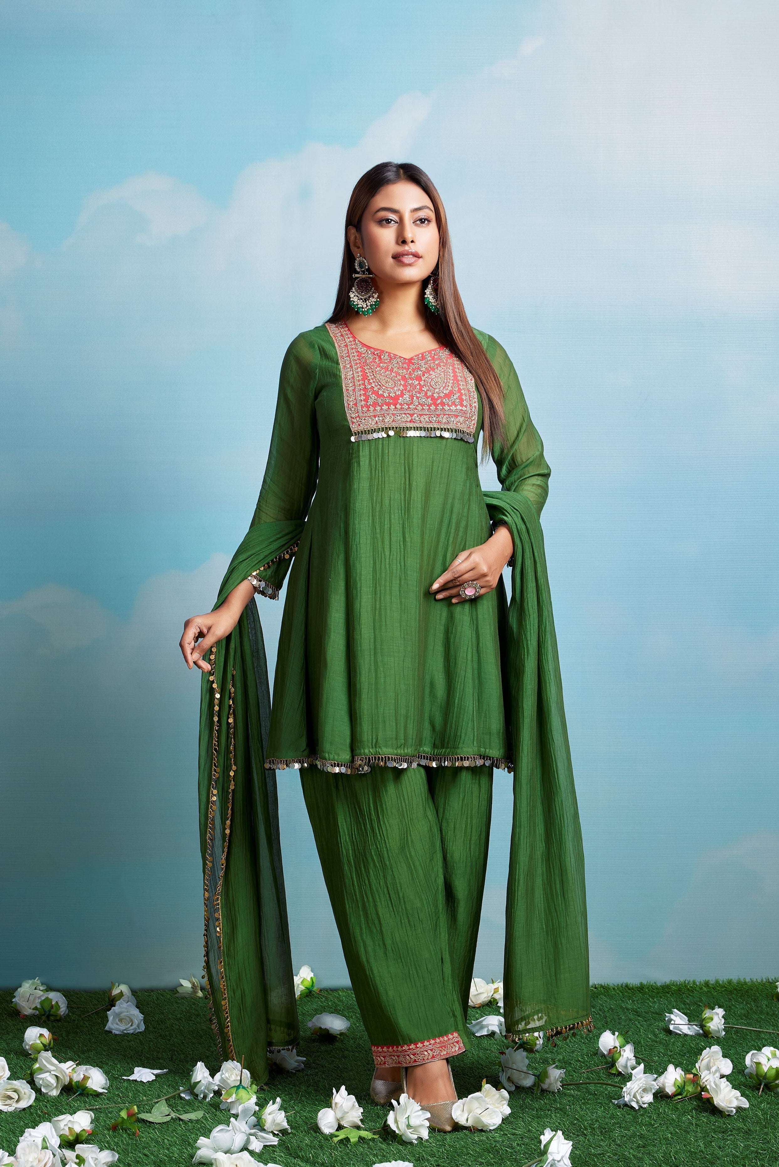 Forest Green Embellished Chanderi Silk Pant Set