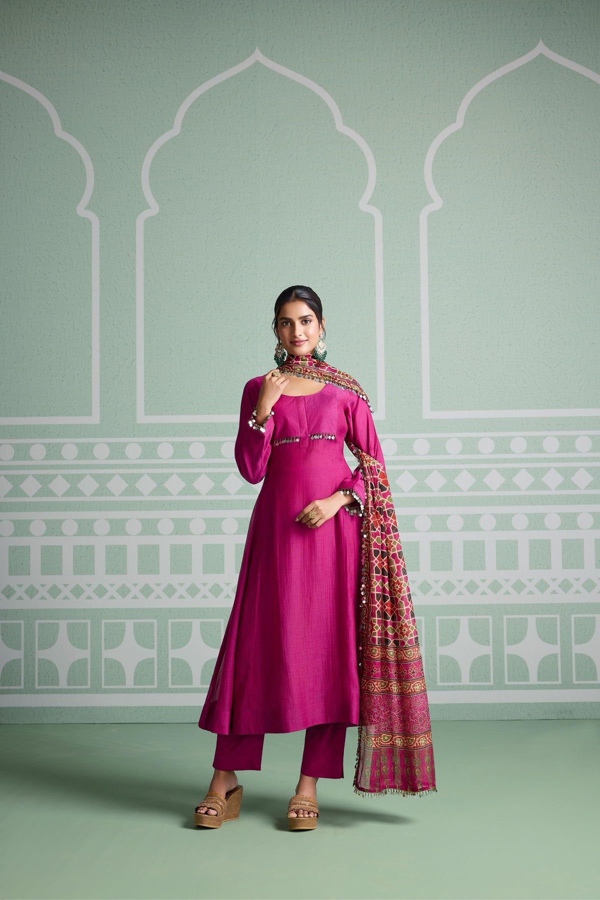 Magenta Pink Embellished Mul Chanderi Silk Anarkali Set