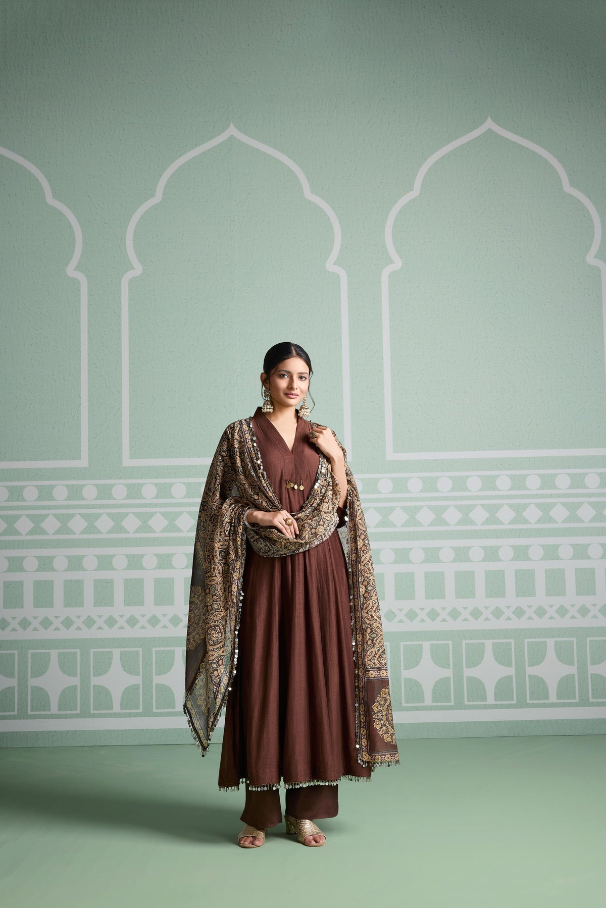 Dark Brown Embellsihed Mul Chanderi Silk Anarkali Set