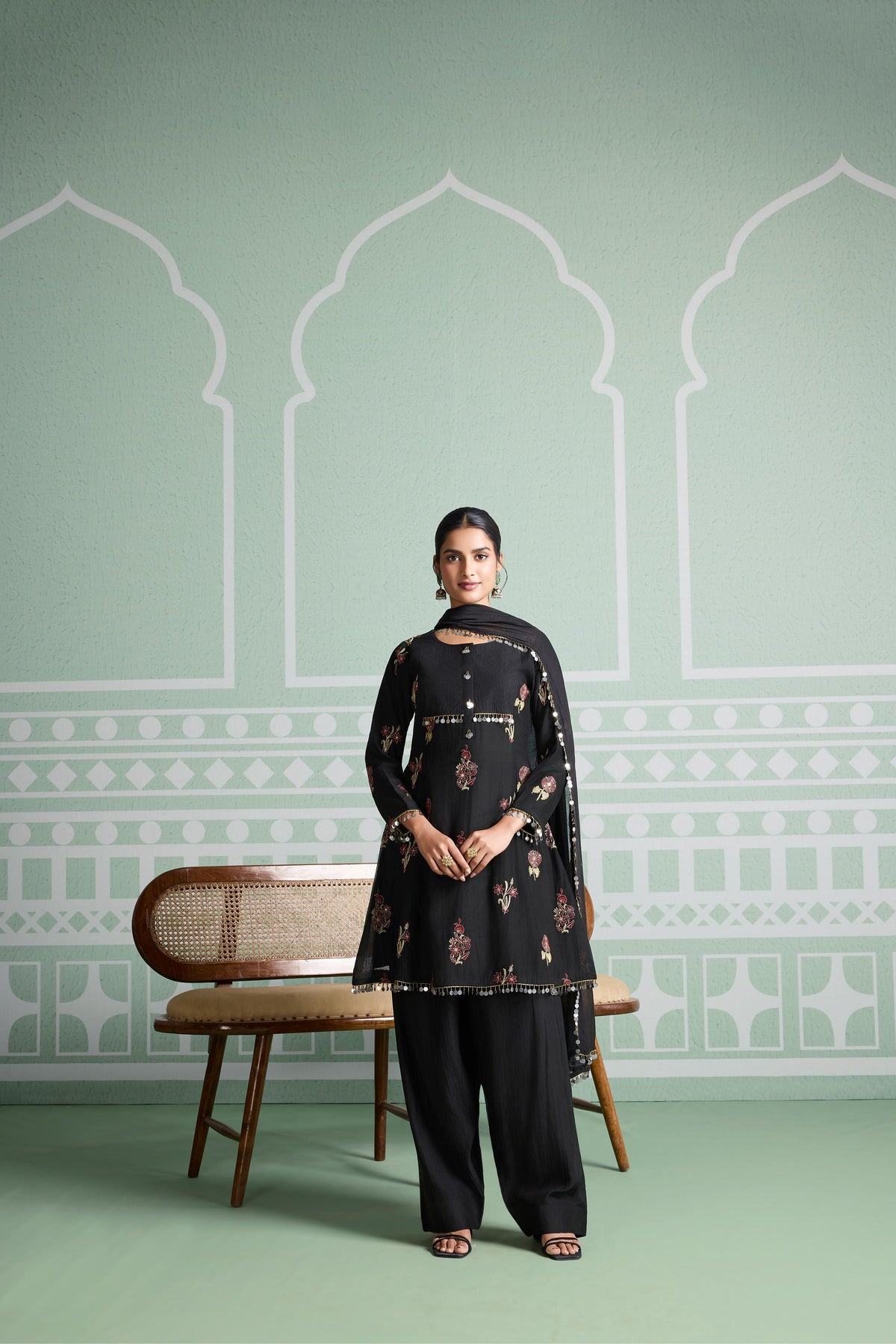 Midnight Black Embellsihed Mul Chanderi Silk Salwar Set