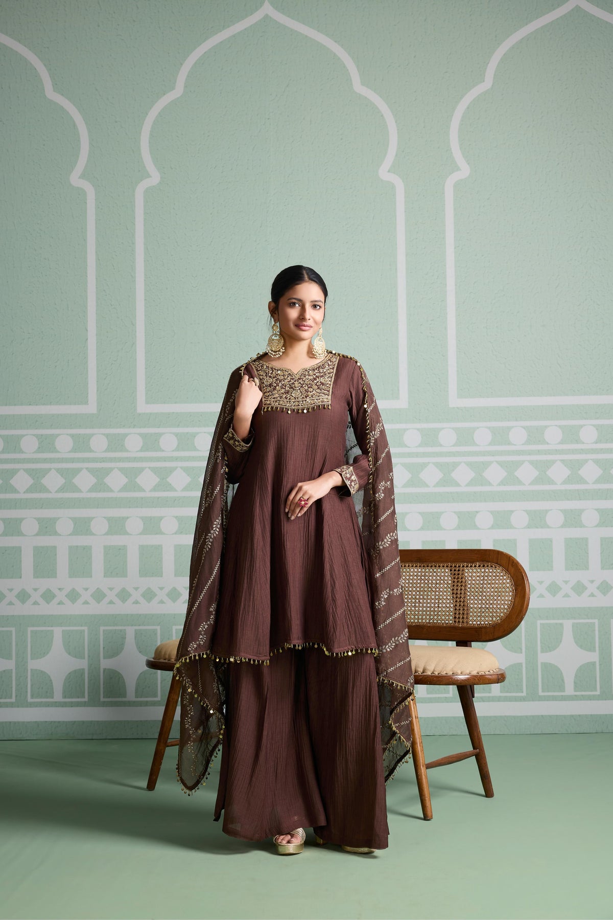 Chocolate Brown Embellsihed Mul Chanderi Silk Palazzo Set