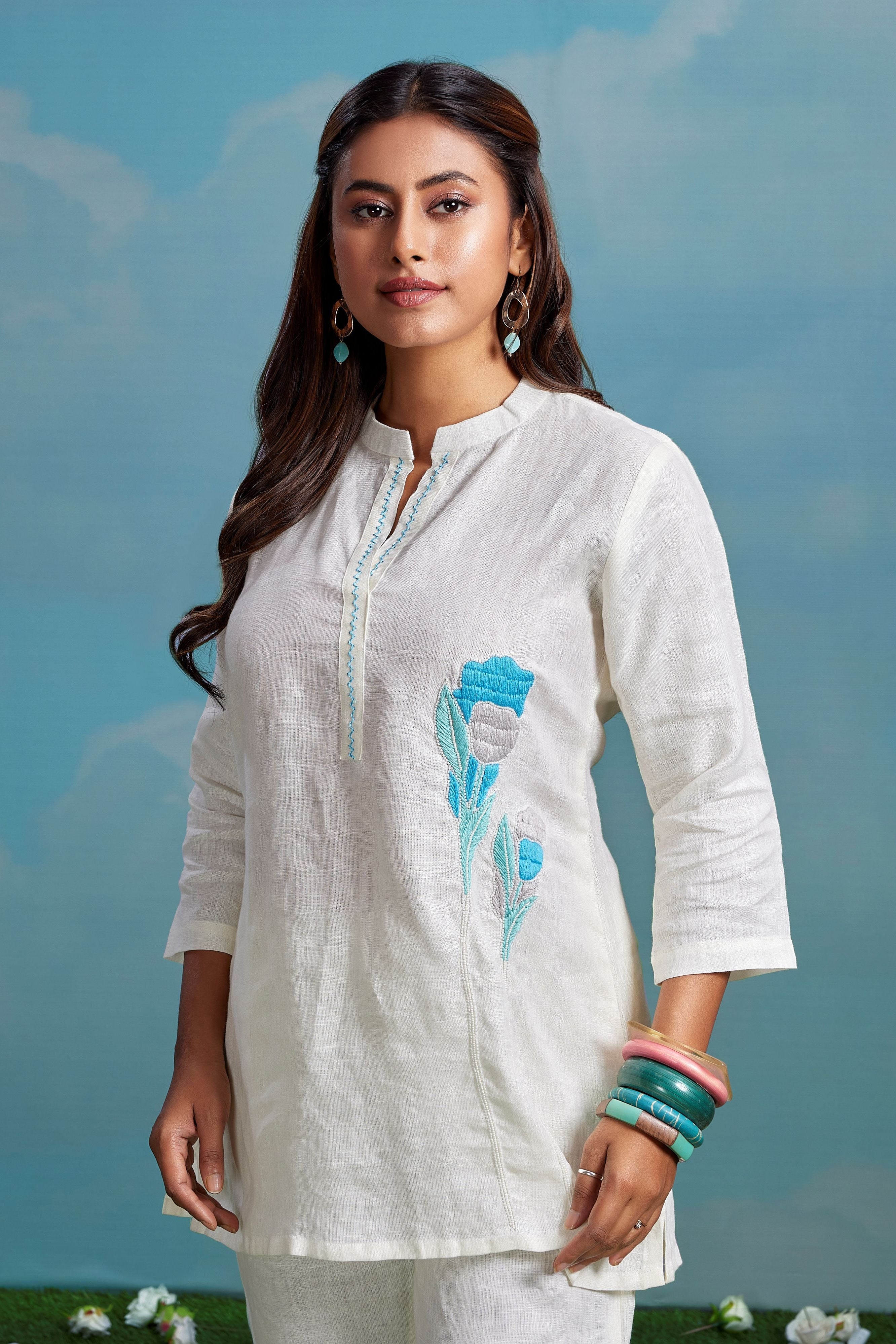Ivory Azure Embroidered Linen Co-Ord Set