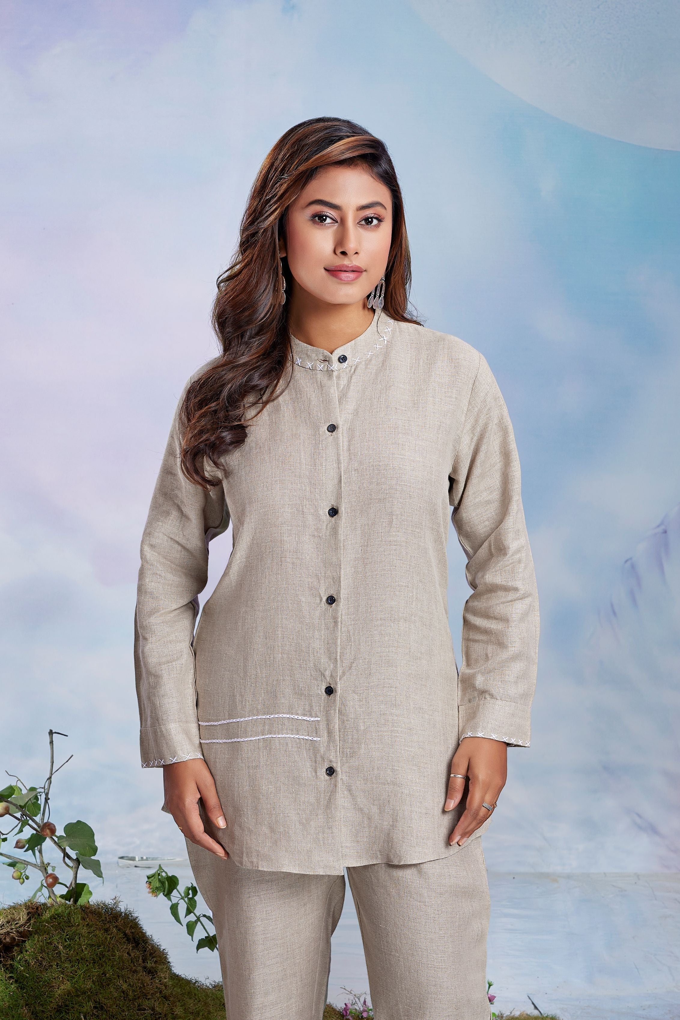 Oatmeal Pearl Embroidered Linen Co-Ord Set
