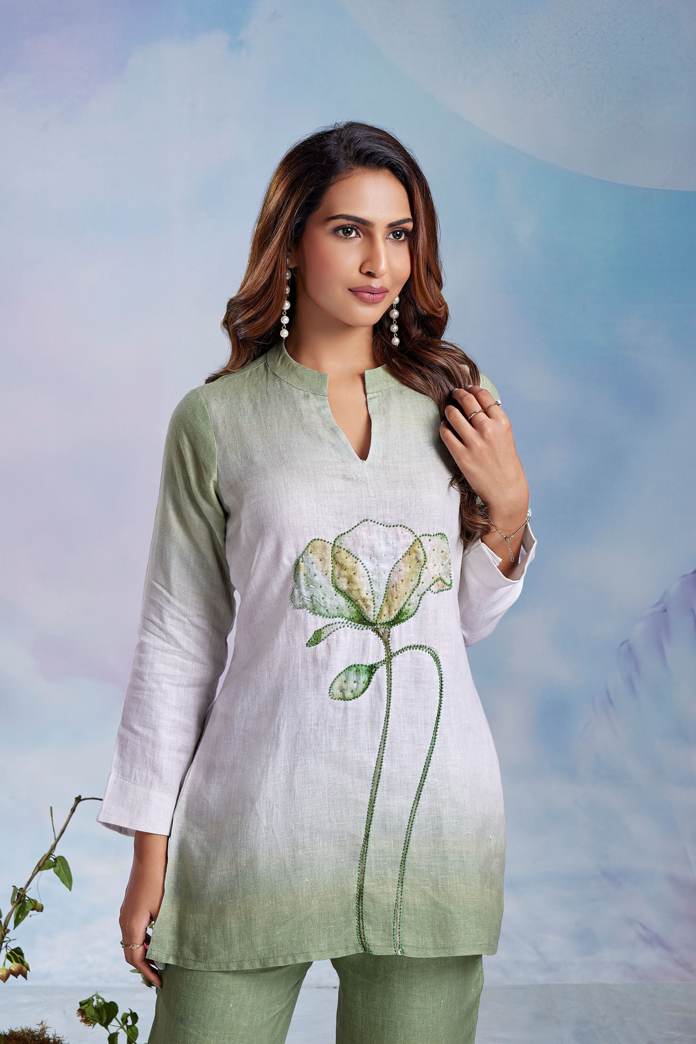 Sage Ombré Embellished Linen Co-Ord Set