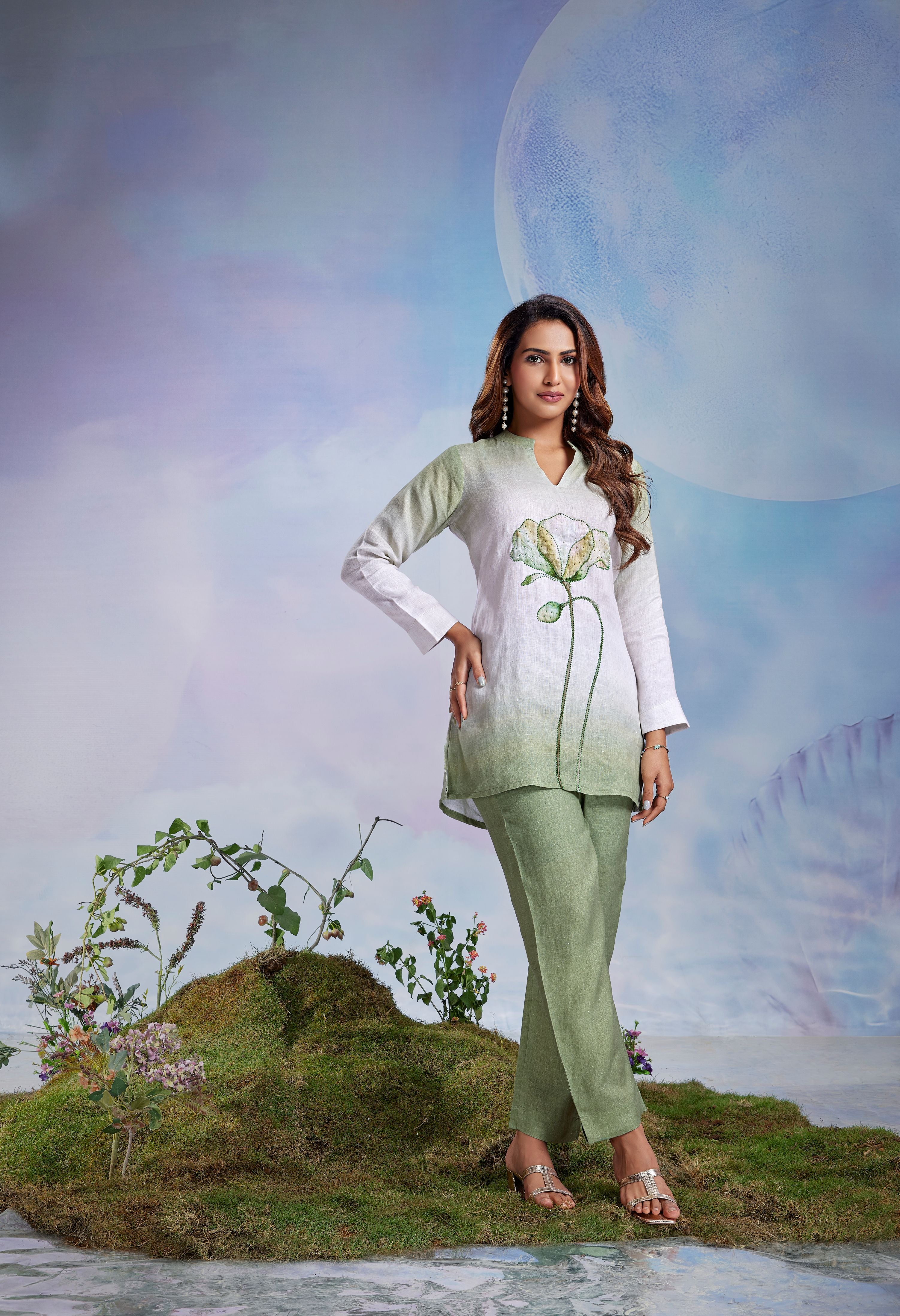 Sage Ombré Embellished Linen Co-Ord Set