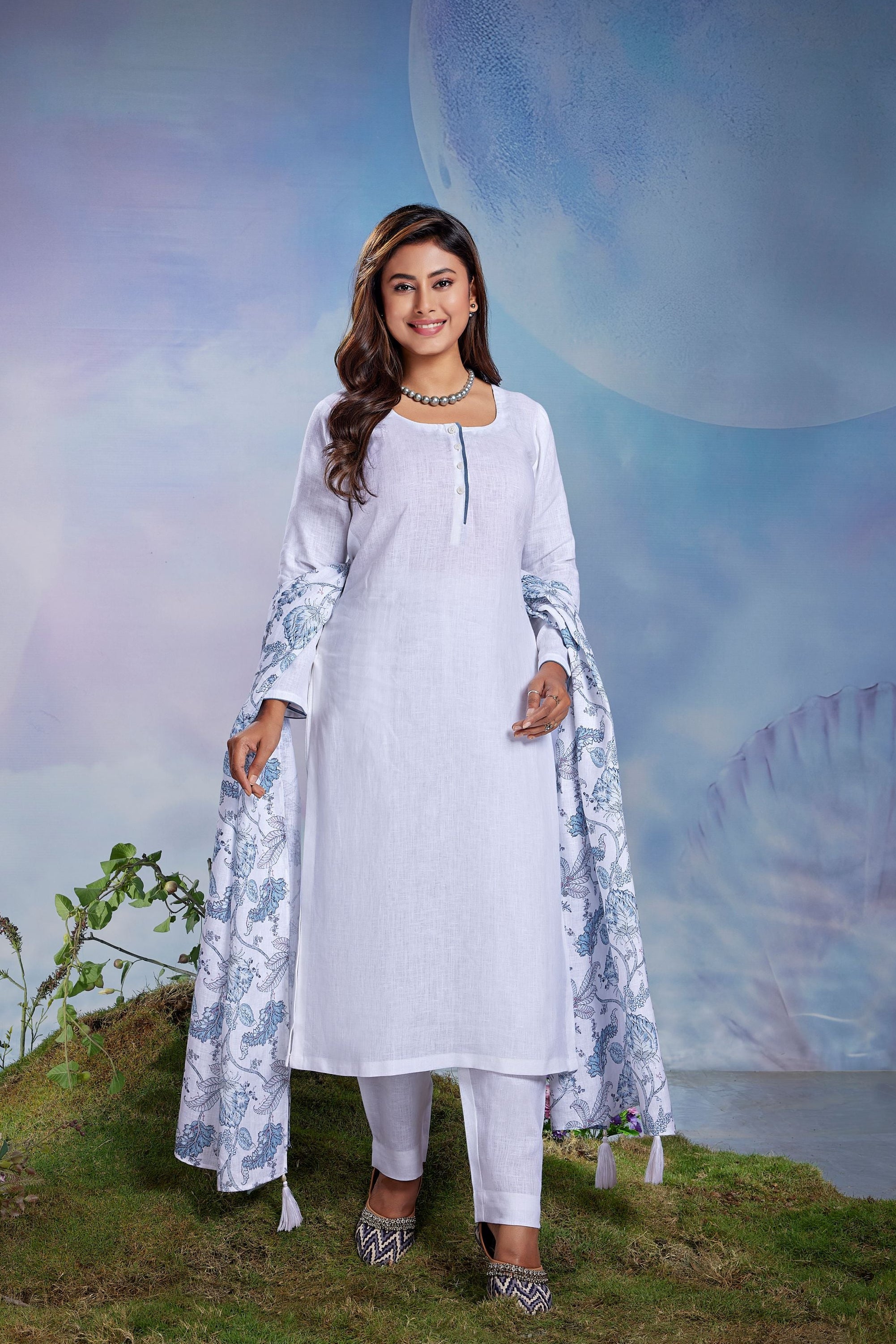 White Printed Linen Pant Set
